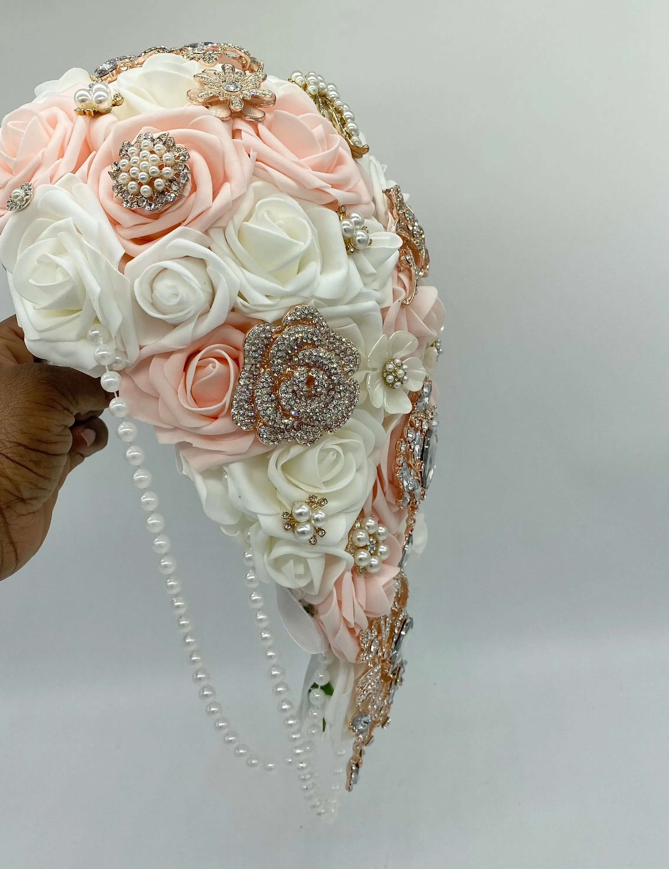 RE008 ~ Ivory Blush & Gold Cascade Real Touch Roses Brooch Bouquet