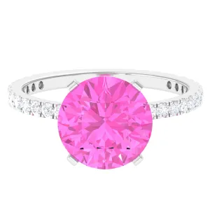 Round Created Pink Sapphire Solitaire Engagement Ring with Diamond