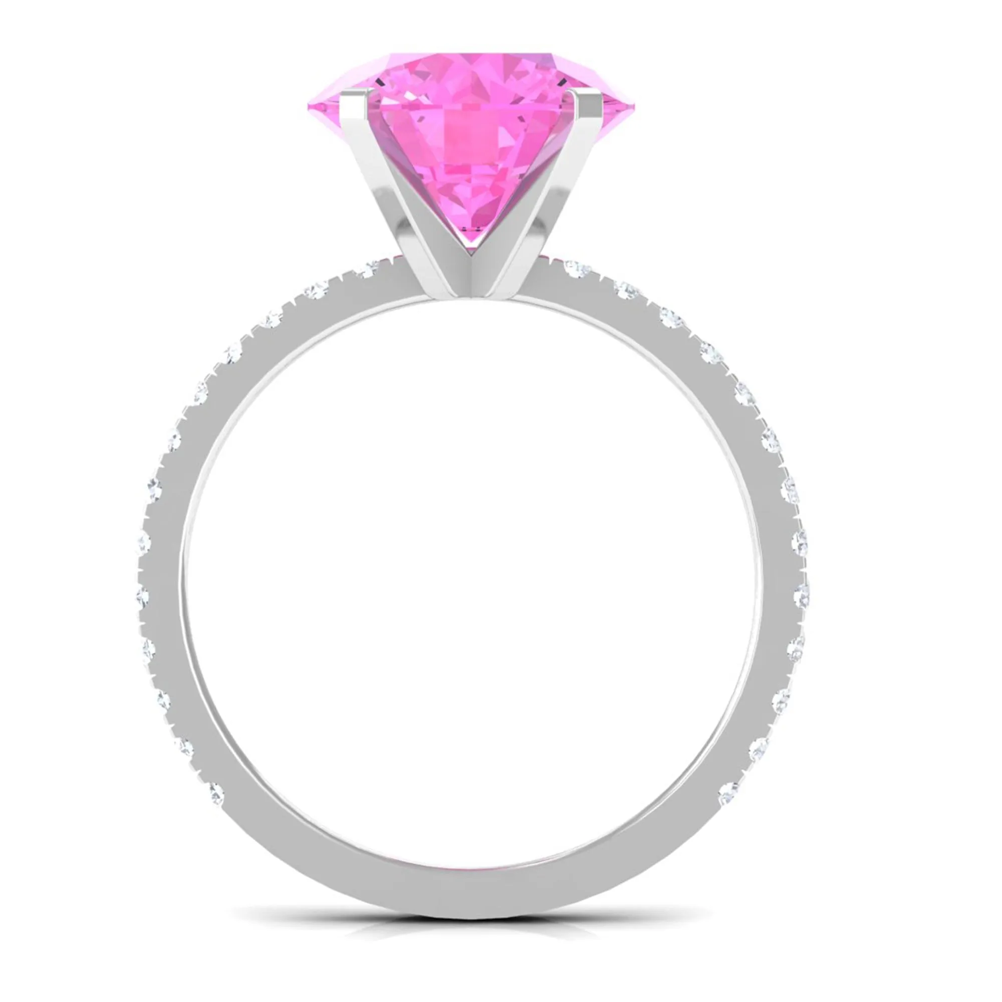 Round Created Pink Sapphire Solitaire Engagement Ring with Diamond