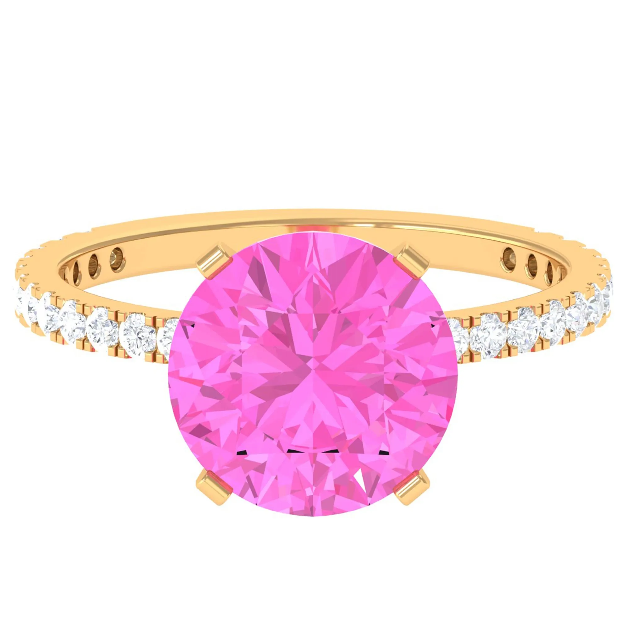 Round Created Pink Sapphire Solitaire Engagement Ring with Diamond