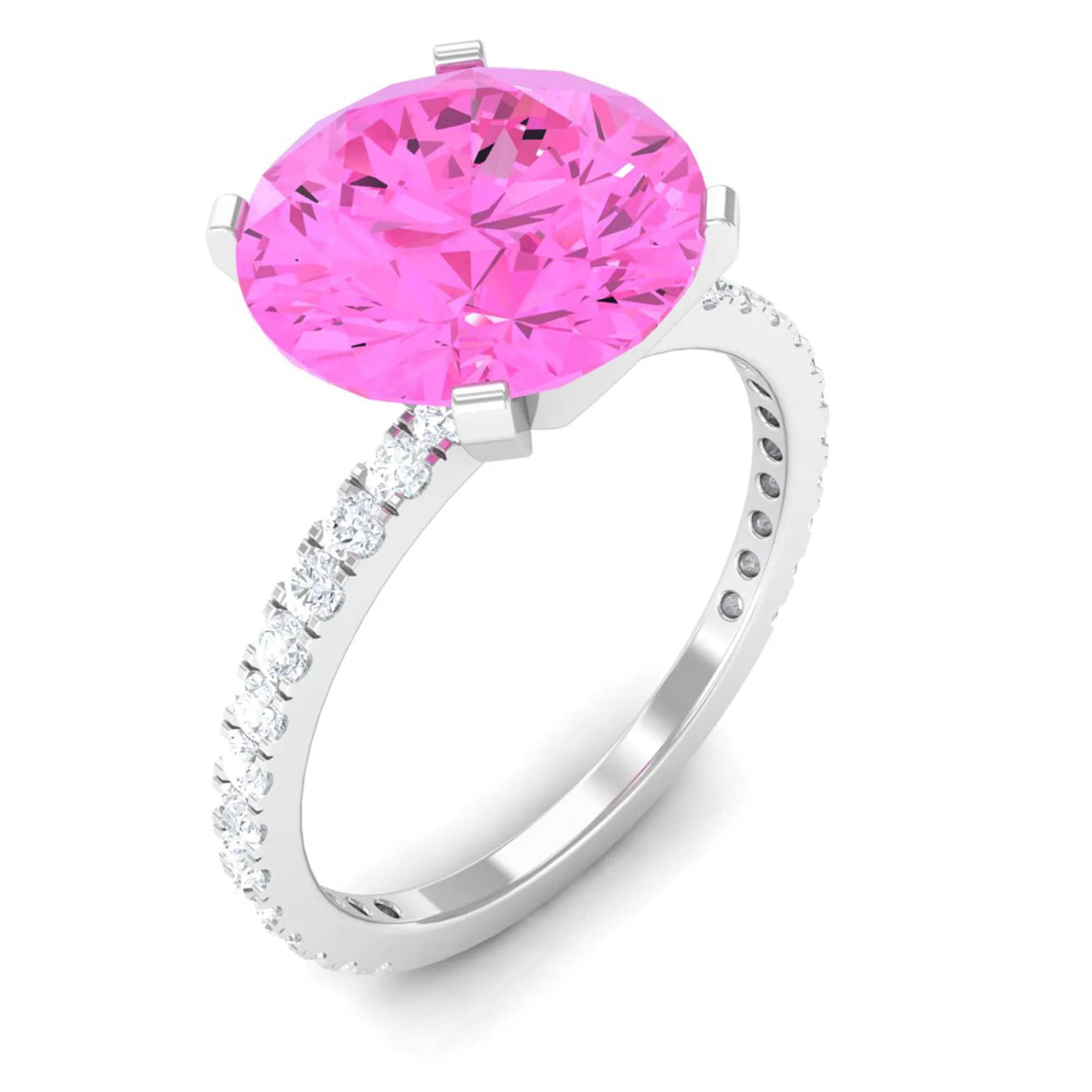 Round Created Pink Sapphire Solitaire Engagement Ring with Diamond