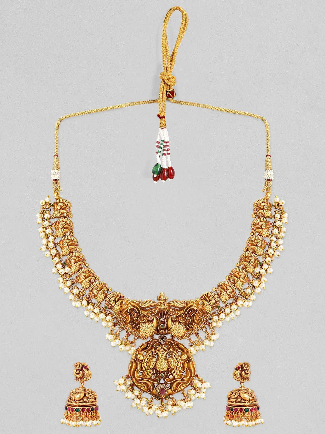 Rubans Gold Plated Red & Green Stone Studded Pearl Hangings Necklace Set.