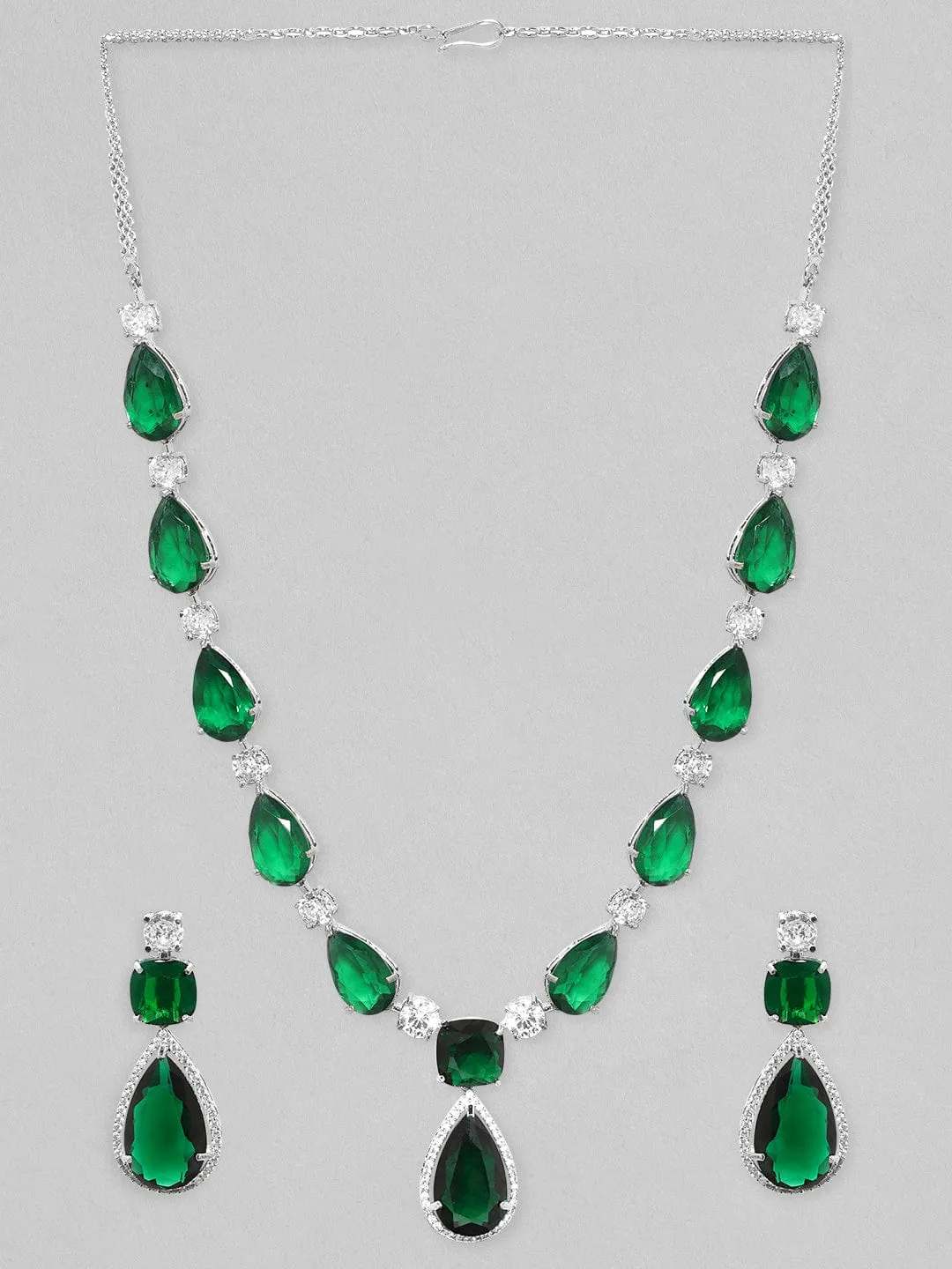 Rubans Rhodium Plated Emerald Green Doublet & Premium Zirconia Necklace Set