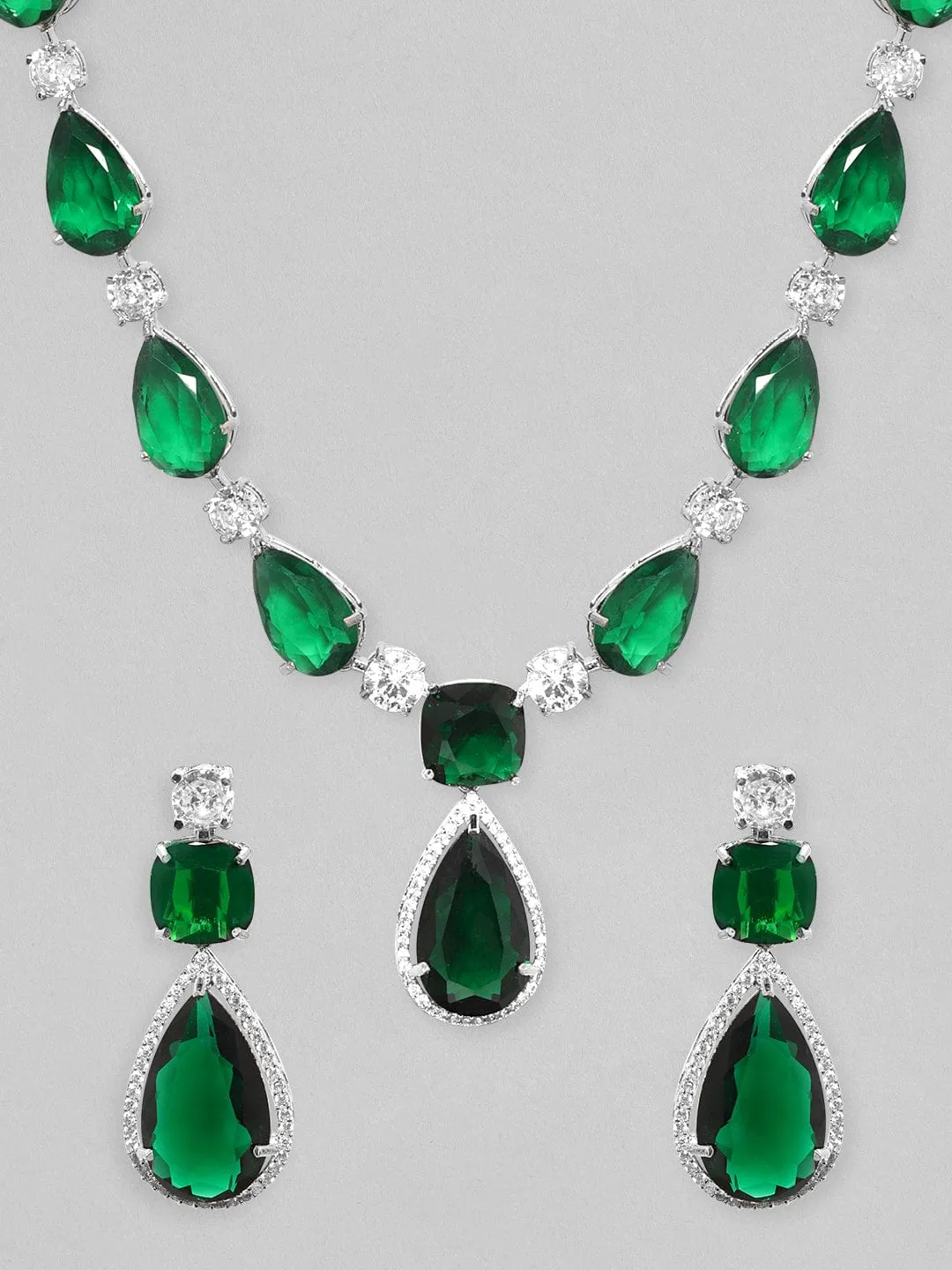 Rubans Rhodium Plated Emerald Green Doublet & Premium Zirconia Necklace Set