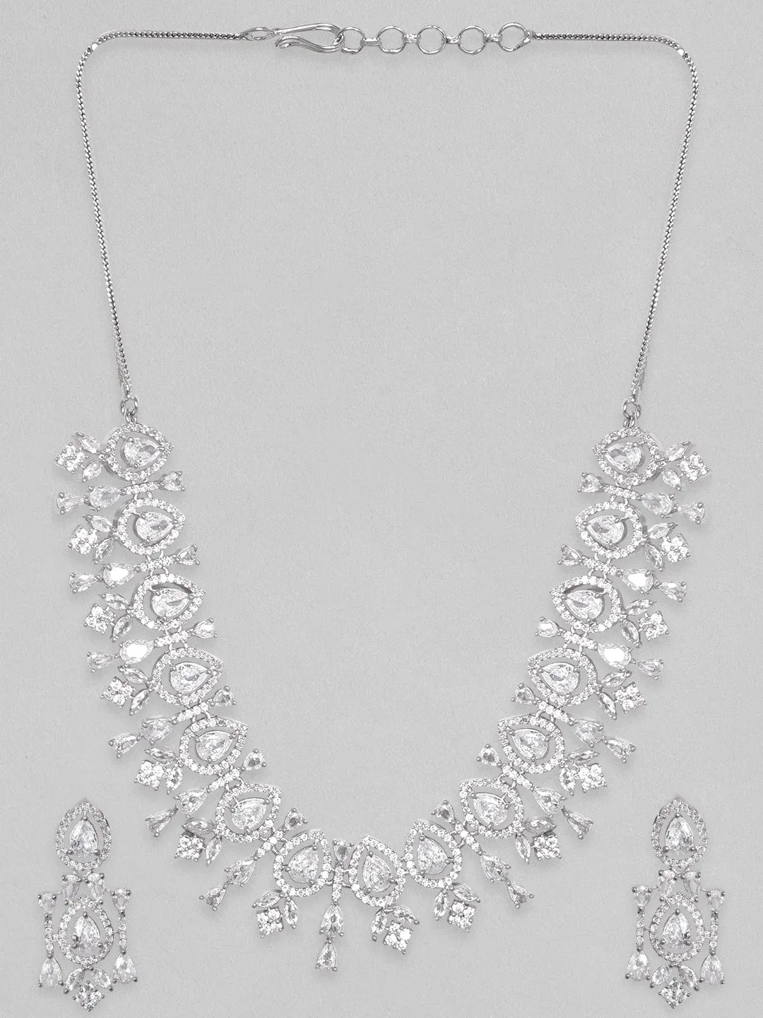 Rubans Rhodium Plated Teardrop Zirconia Studded Necklace Set