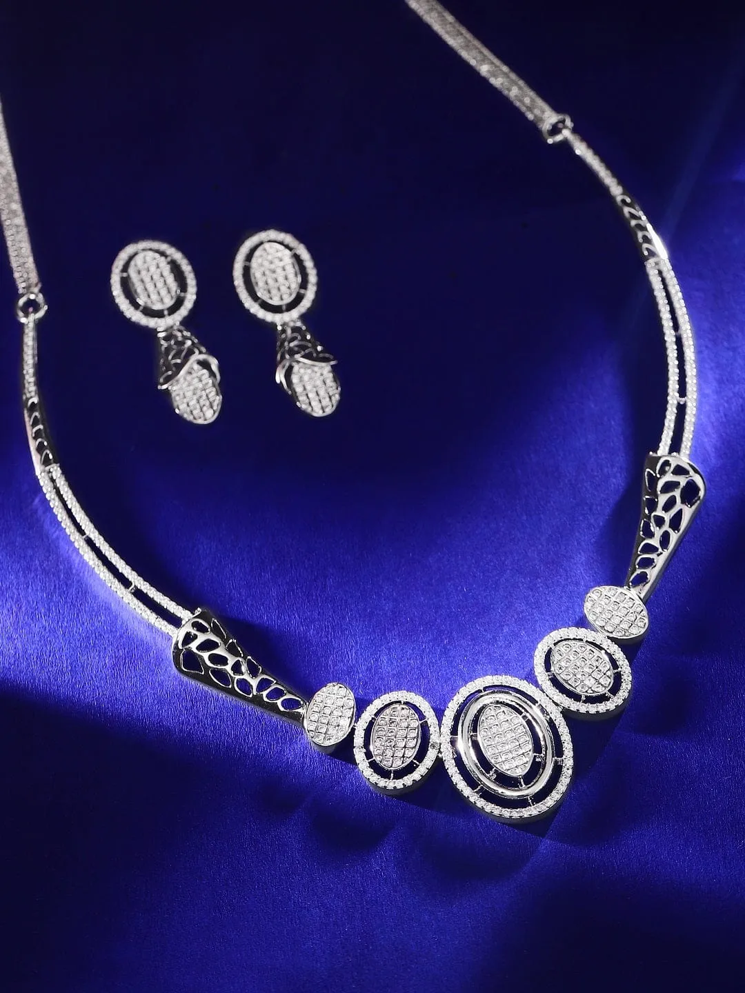 Rubans Rhodium Plated Zircons Pave Studded Party Wear Necklace Set.