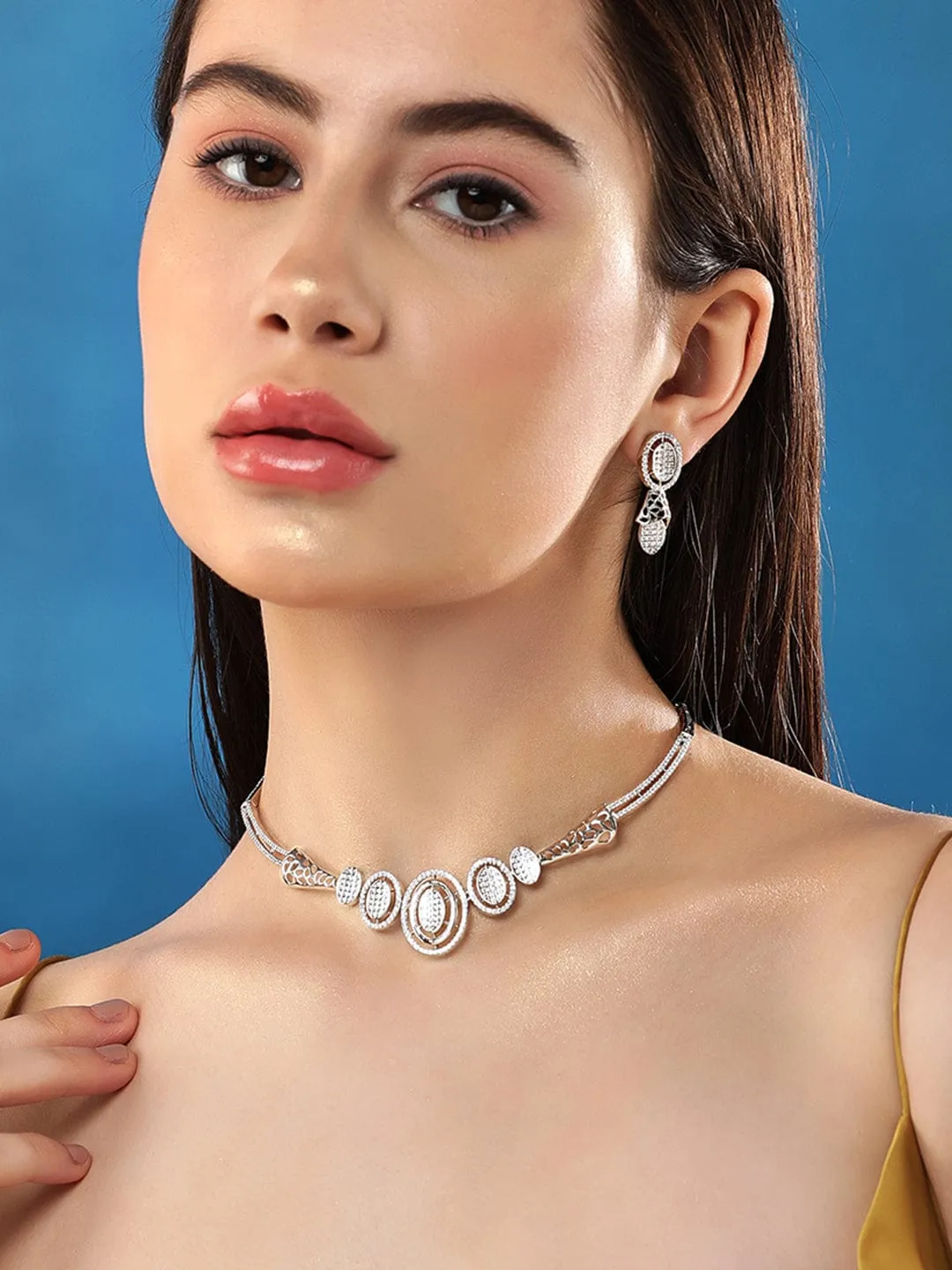 Rubans Rhodium Plated Zircons Pave Studded Party Wear Necklace Set.