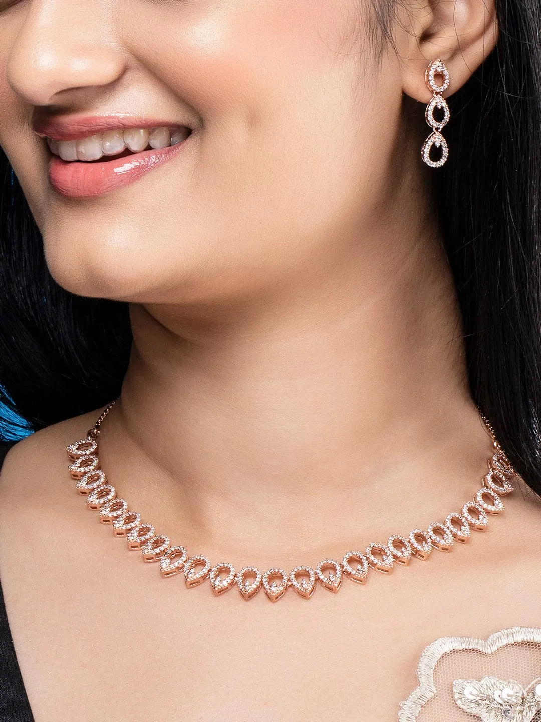 Rubans Rose Gold Plated Zirconia Stone Studded Necklace Set.