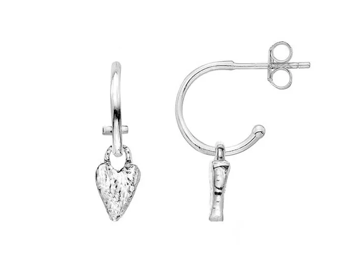 Silver Earrings - Textured Heart Hoops