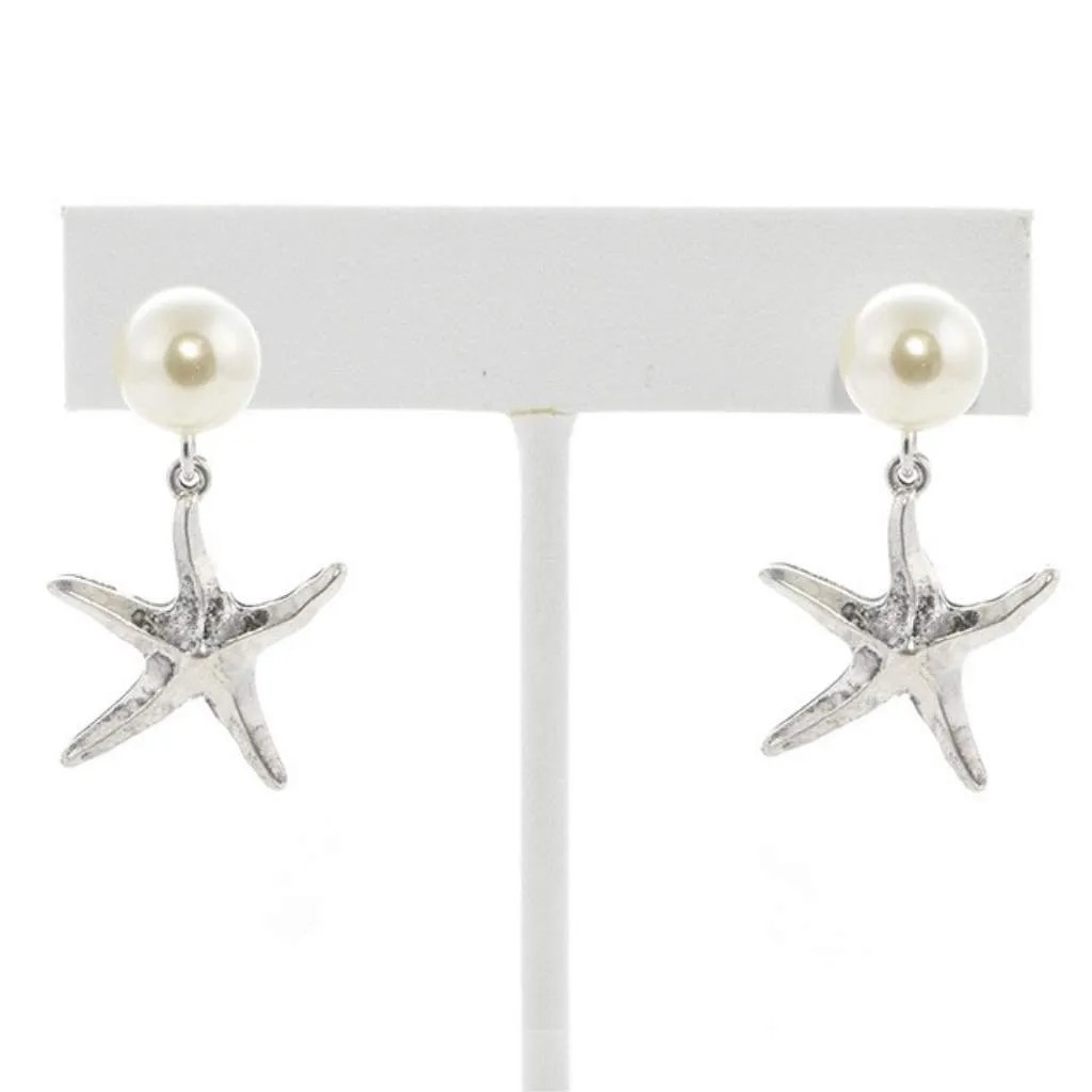 Silver Starfish and Pearl Stud Earrings