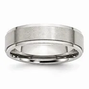 Stainless Steel Ridged Edge 6mm Brushed and Polished Wedding Band Ring