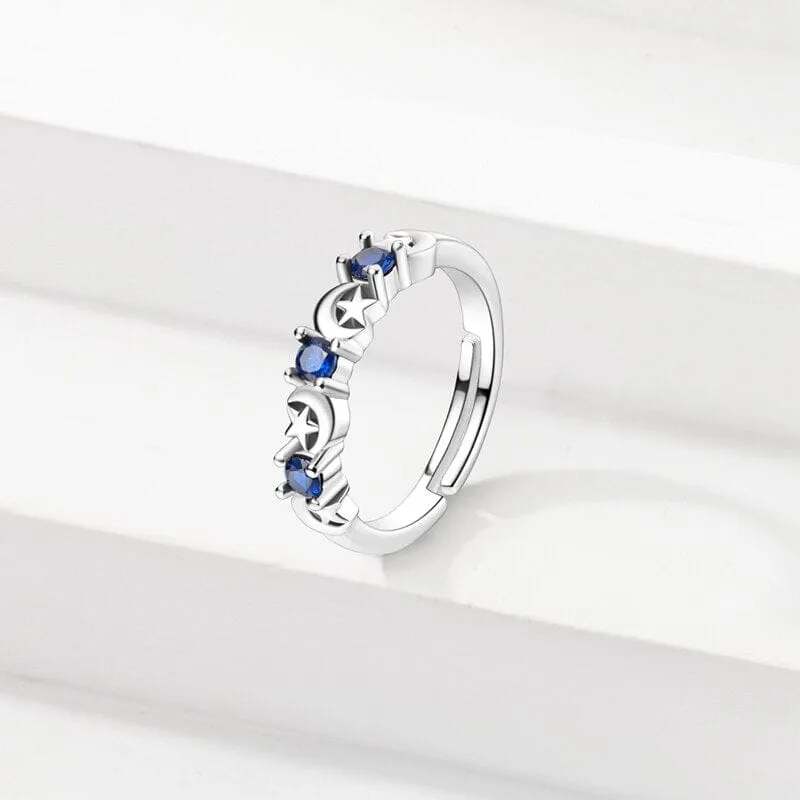 Star and Moon Sapphire Silver Resizable Ring