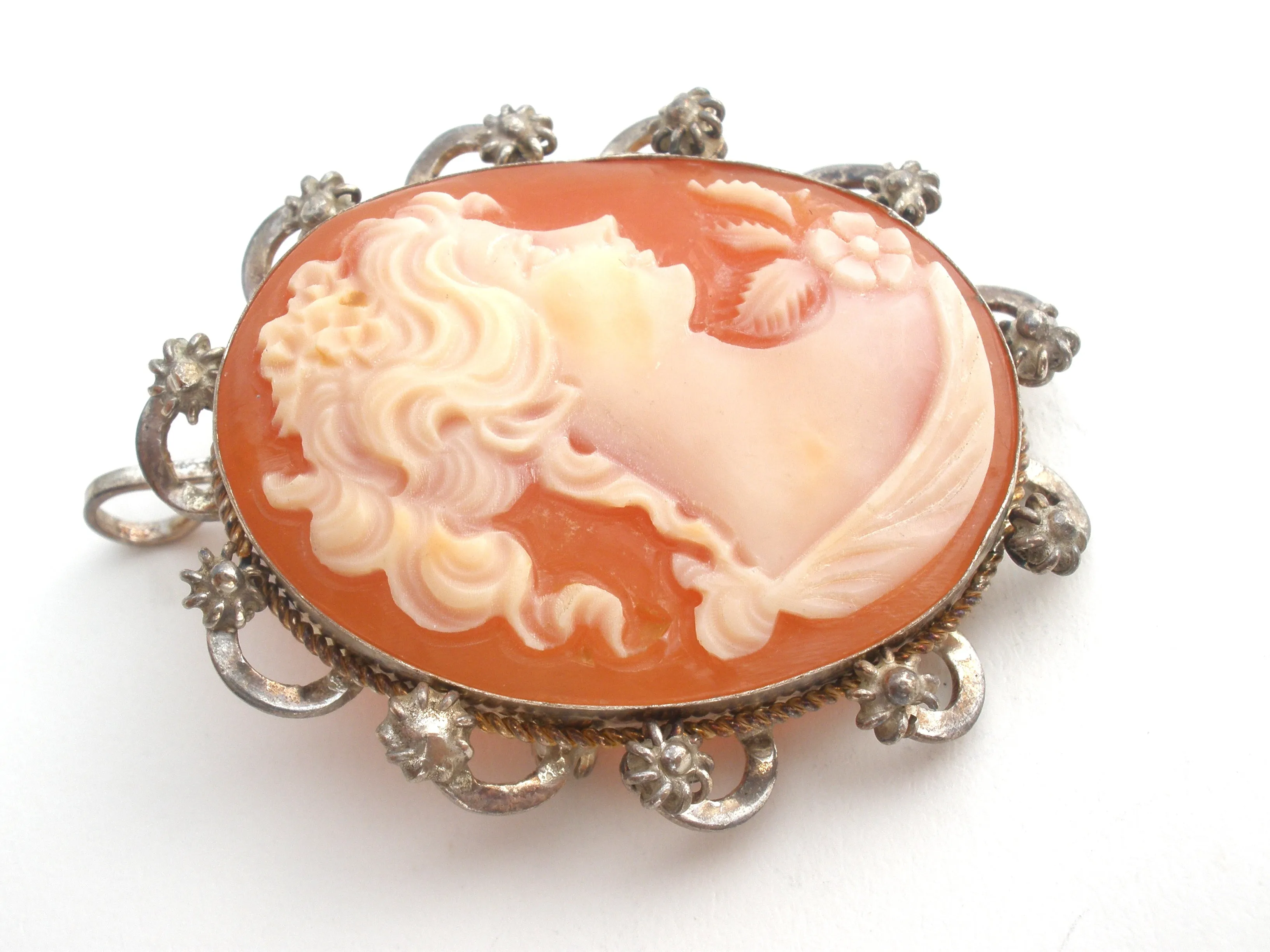 Sterling Silver Cameo Pendant Brooch Vintage