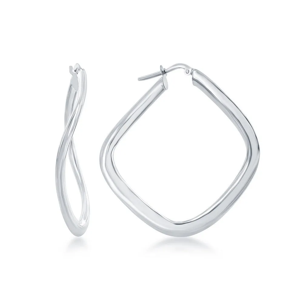 Sterling Silver Large Curved Square Hoop Earrings (96516)