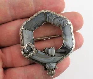 Stunning Fine Antique Victorian Silver Scottish Montrose Agate Brooch / Pin