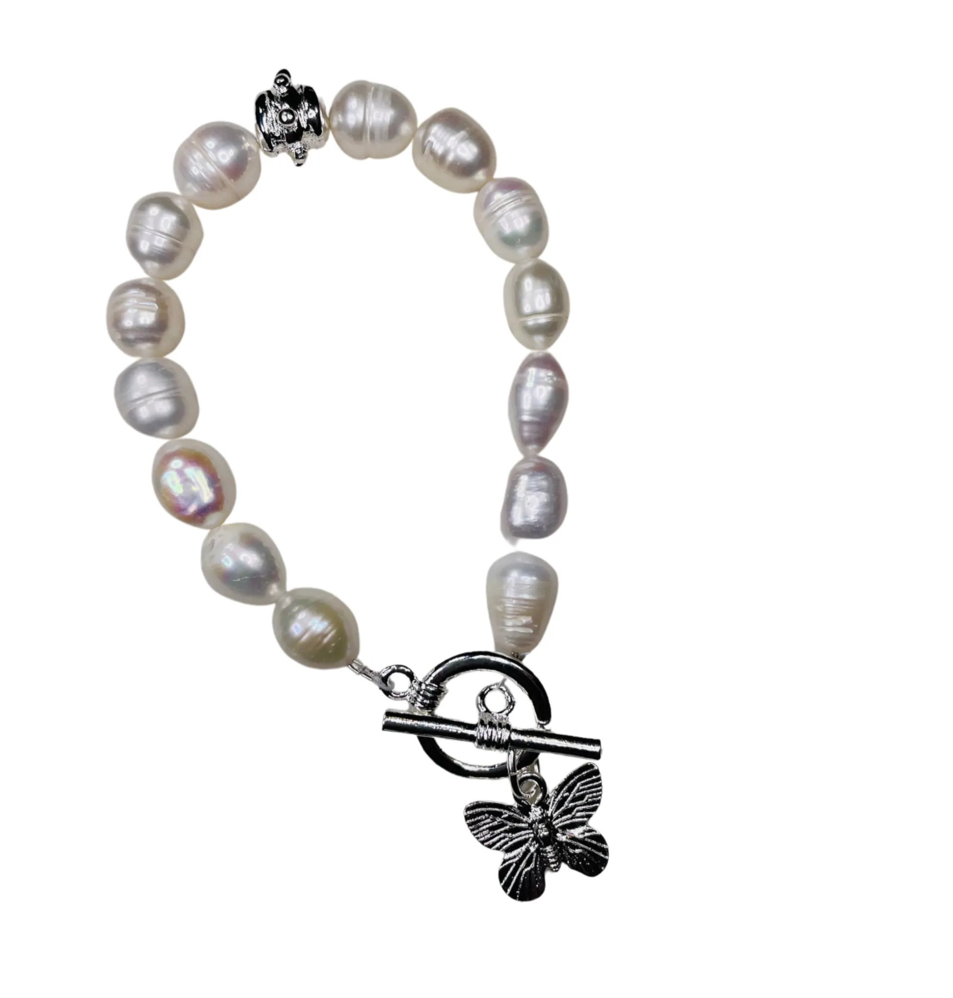 Susan Shaw Pearl Bracelet w/Butterfly Charm in Silver