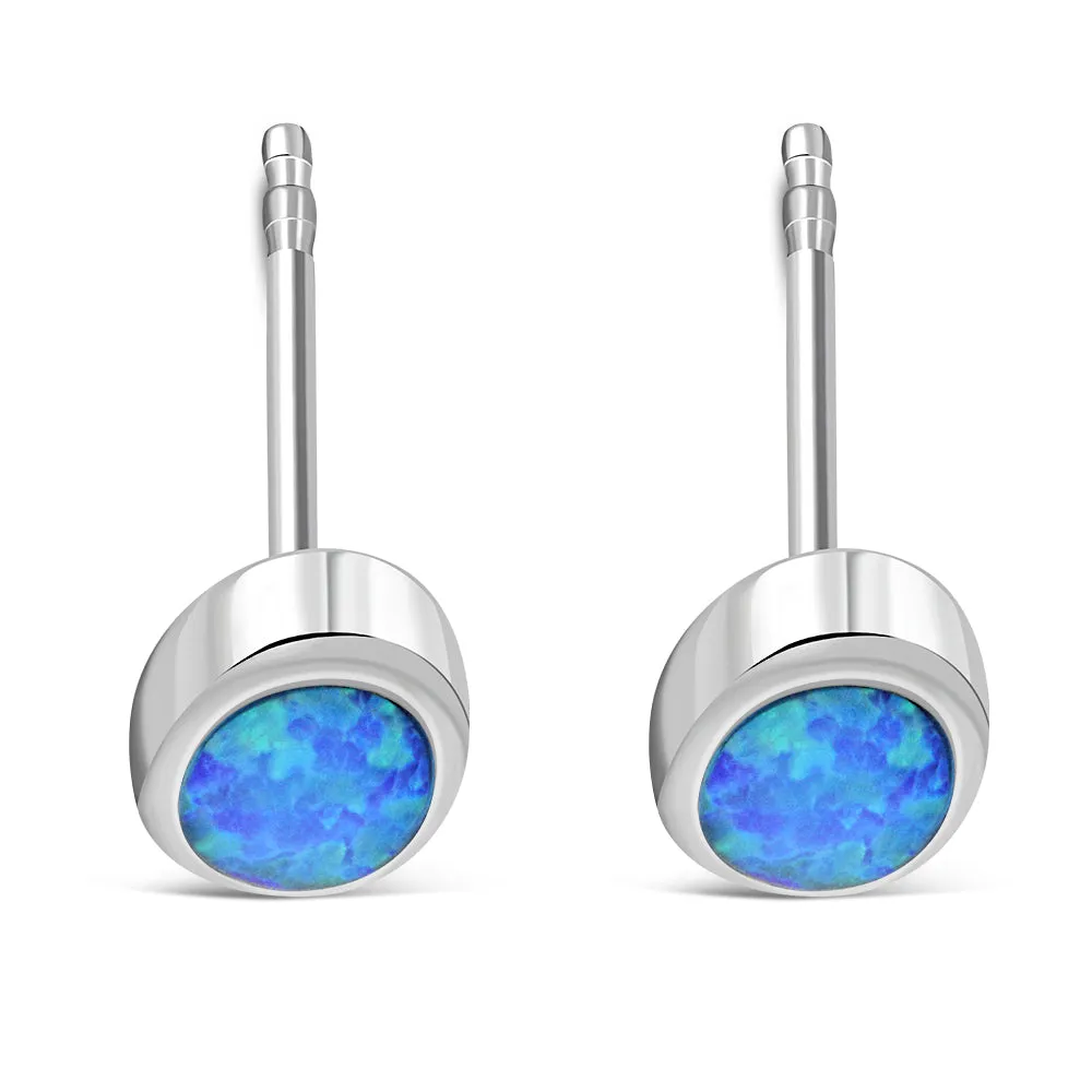 Synthetic Blue Opal Oval Silver Stud Earrings