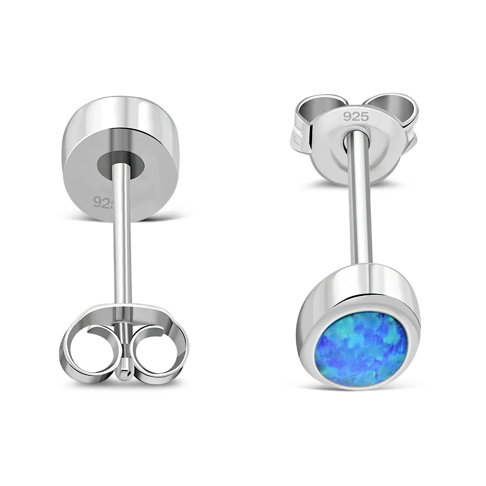 Synthetic Blue Opal Oval Silver Stud Earrings