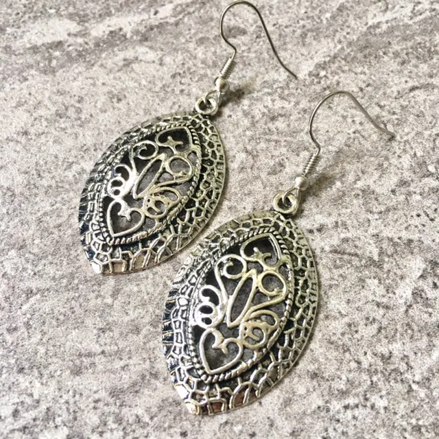 TIBETAN SILVER CARVED HOLLOW PENDANT DROP EARRINGS