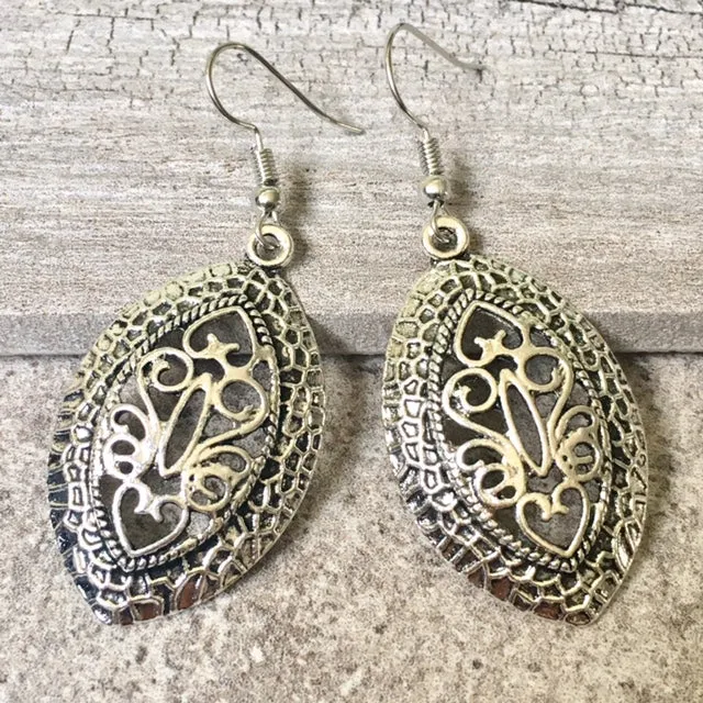 TIBETAN SILVER CARVED HOLLOW PENDANT DROP EARRINGS