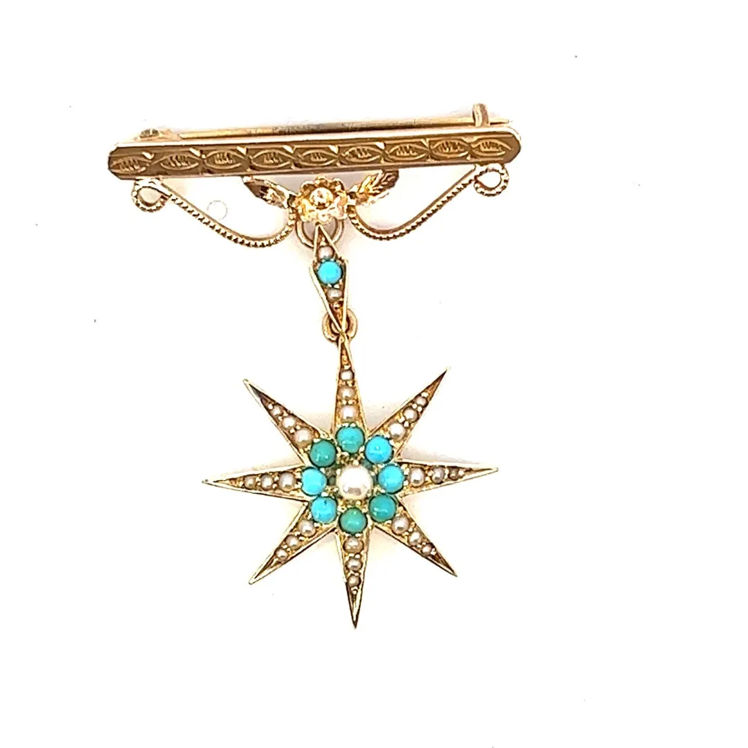 Turquoise and Pearl Star Brooch