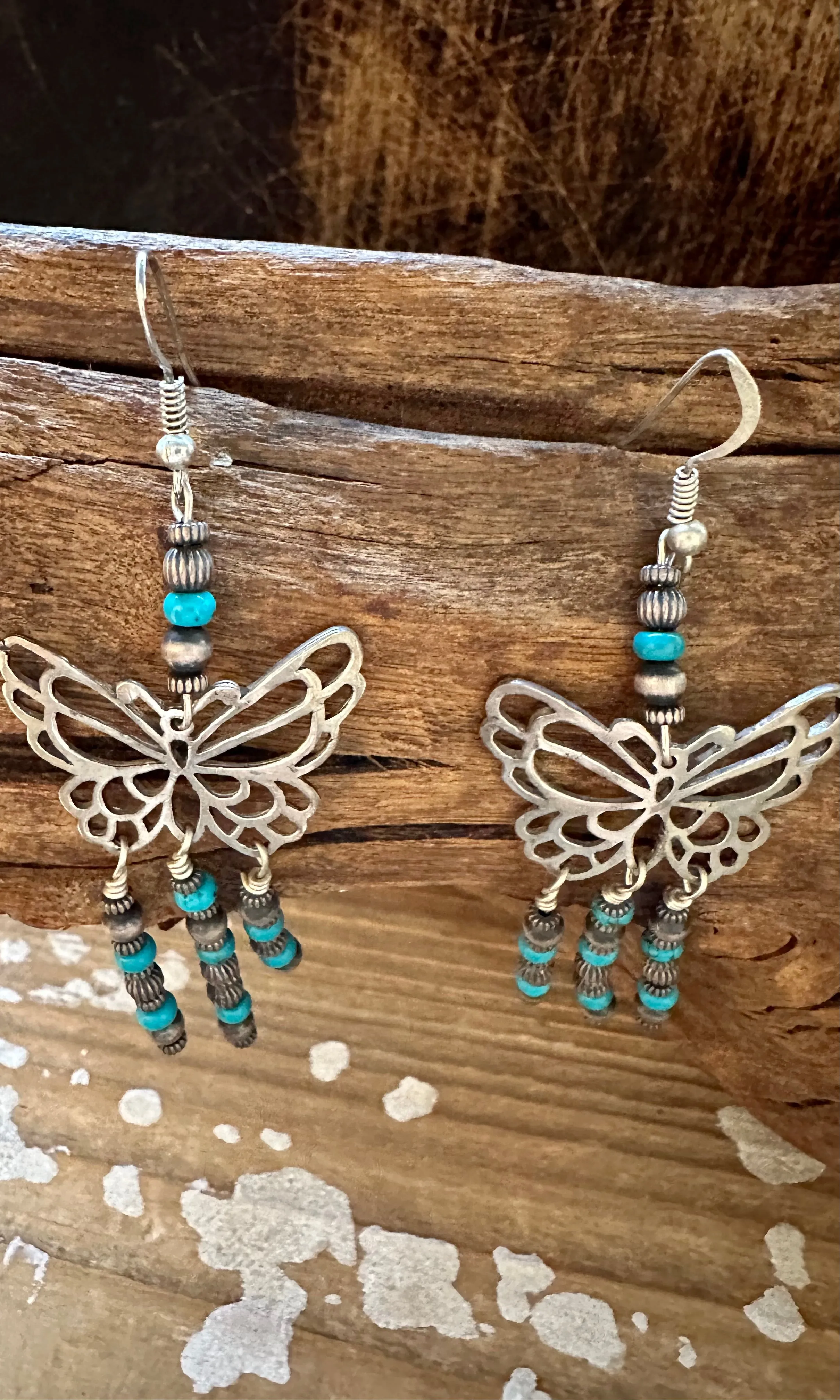 TURQUOISE BEADED BUTTERFLIES Sterling Silver Dangle Earrings