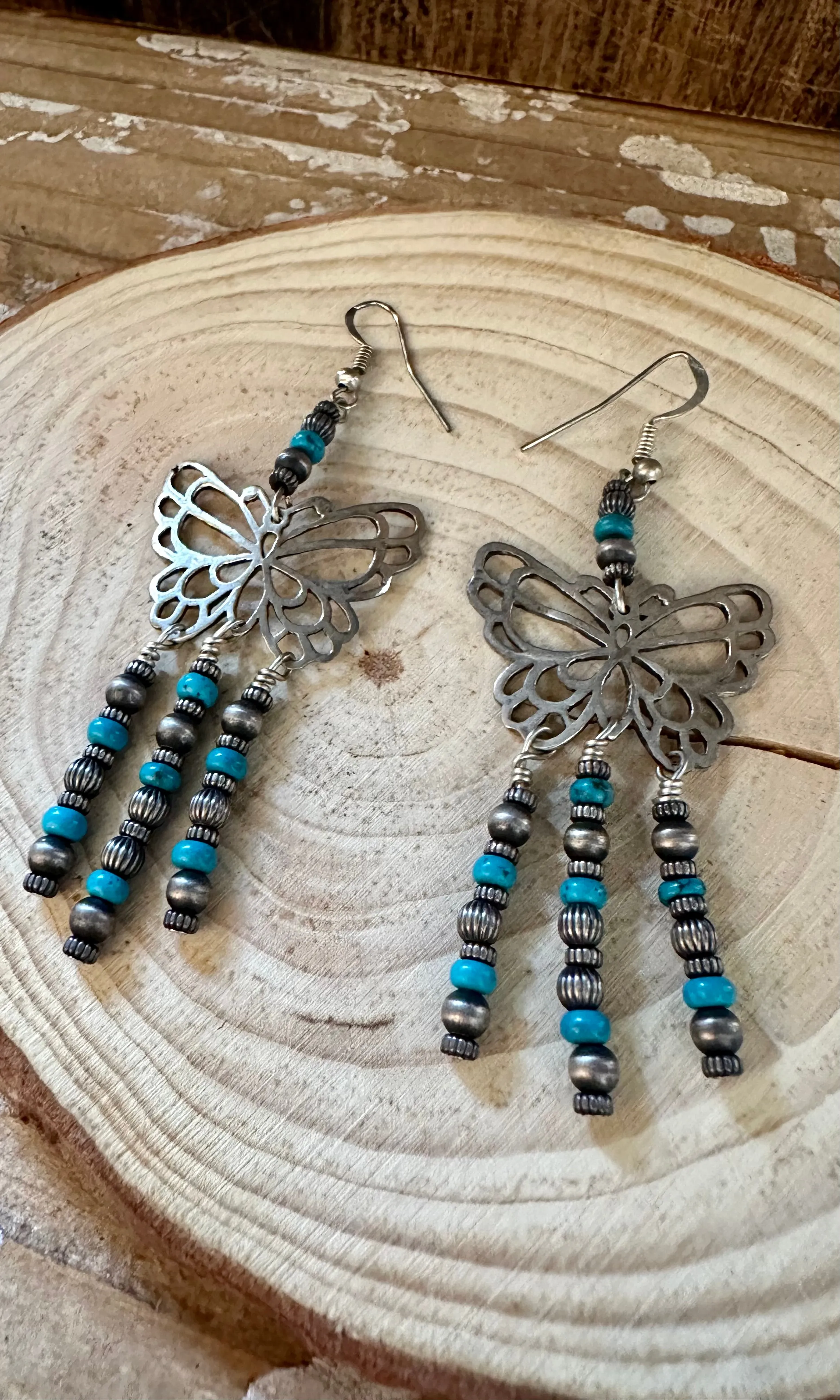 TURQUOISE BEADED BUTTERFLIES Sterling Silver Dangle Earrings