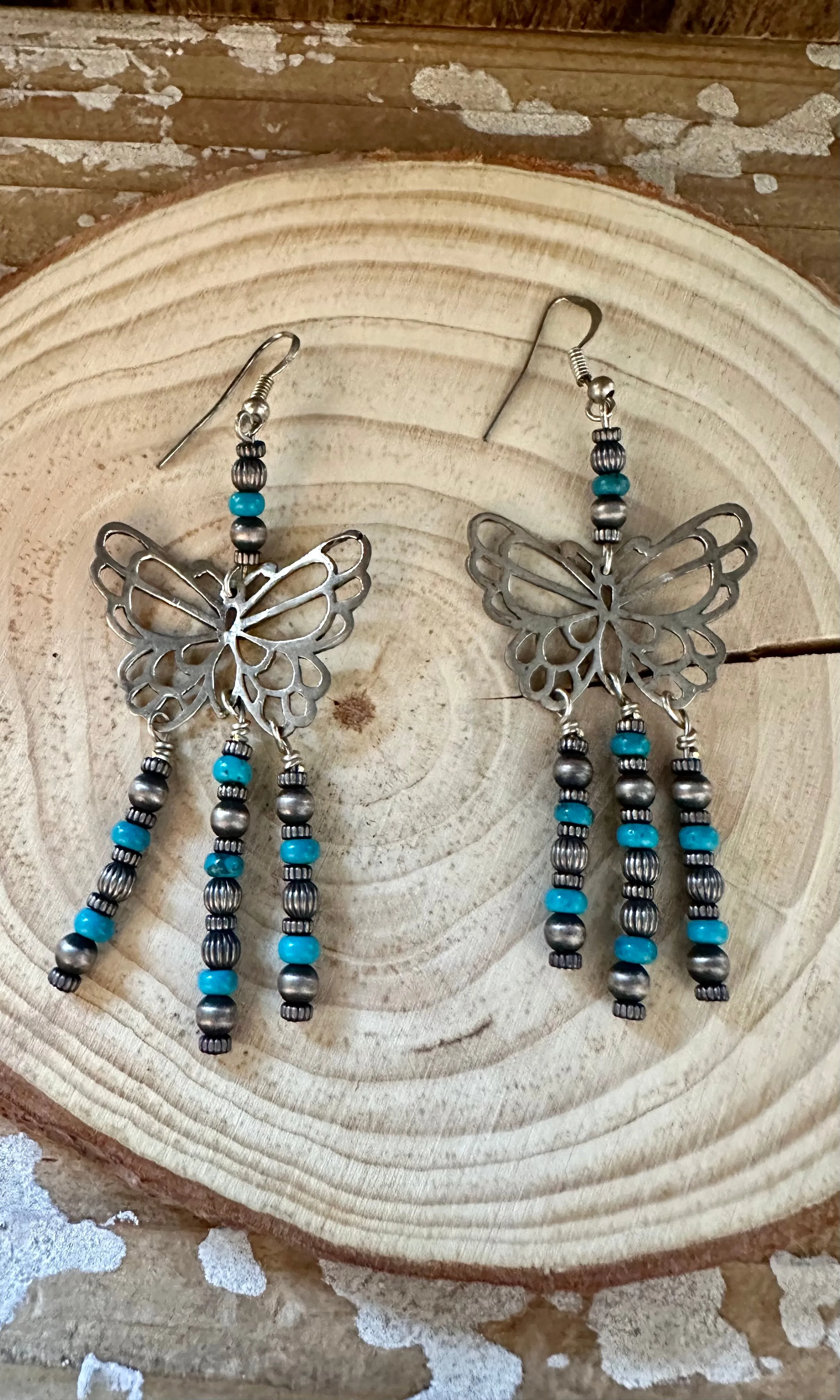 TURQUOISE BEADED BUTTERFLIES Sterling Silver Dangle Earrings