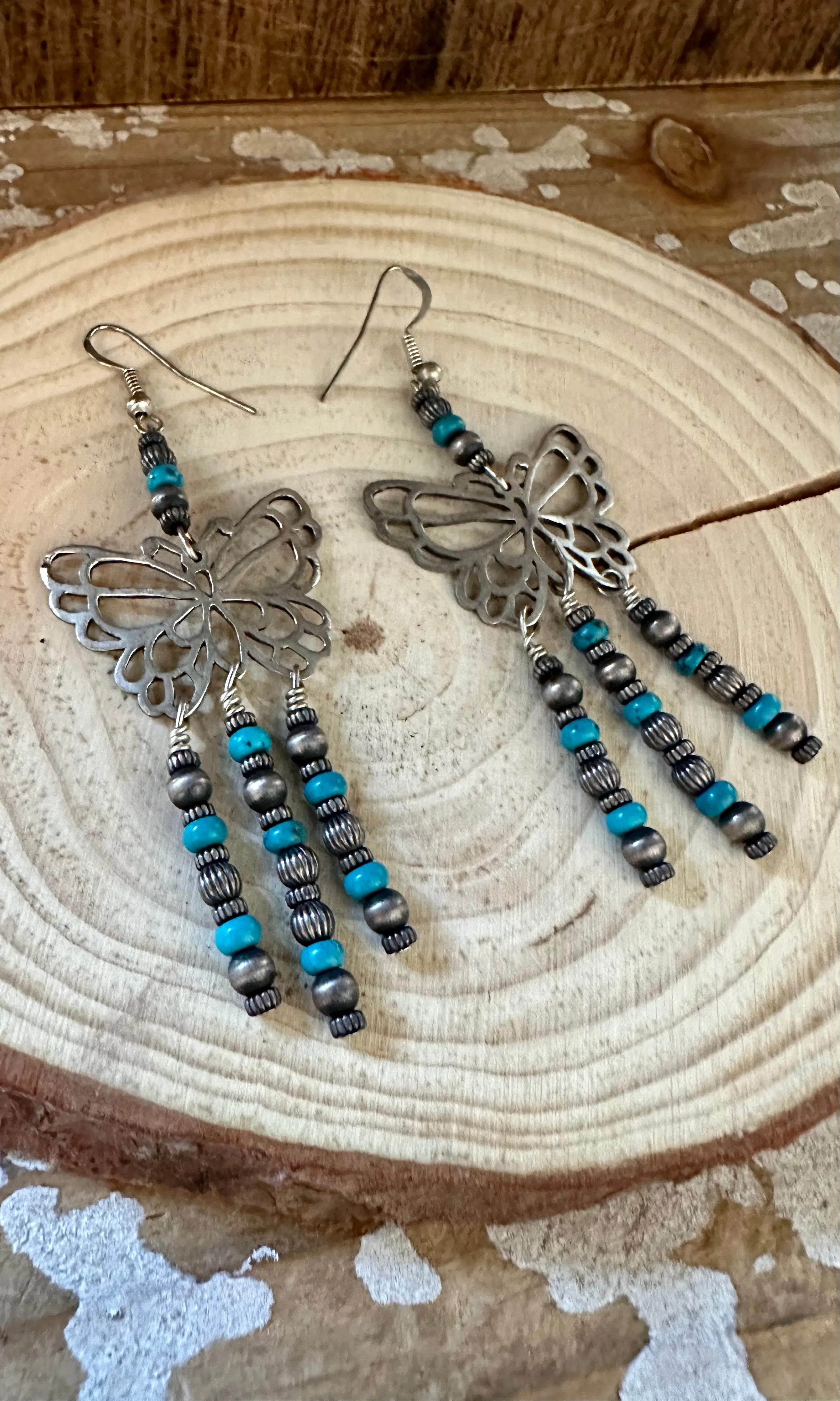 TURQUOISE BEADED BUTTERFLIES Sterling Silver Dangle Earrings