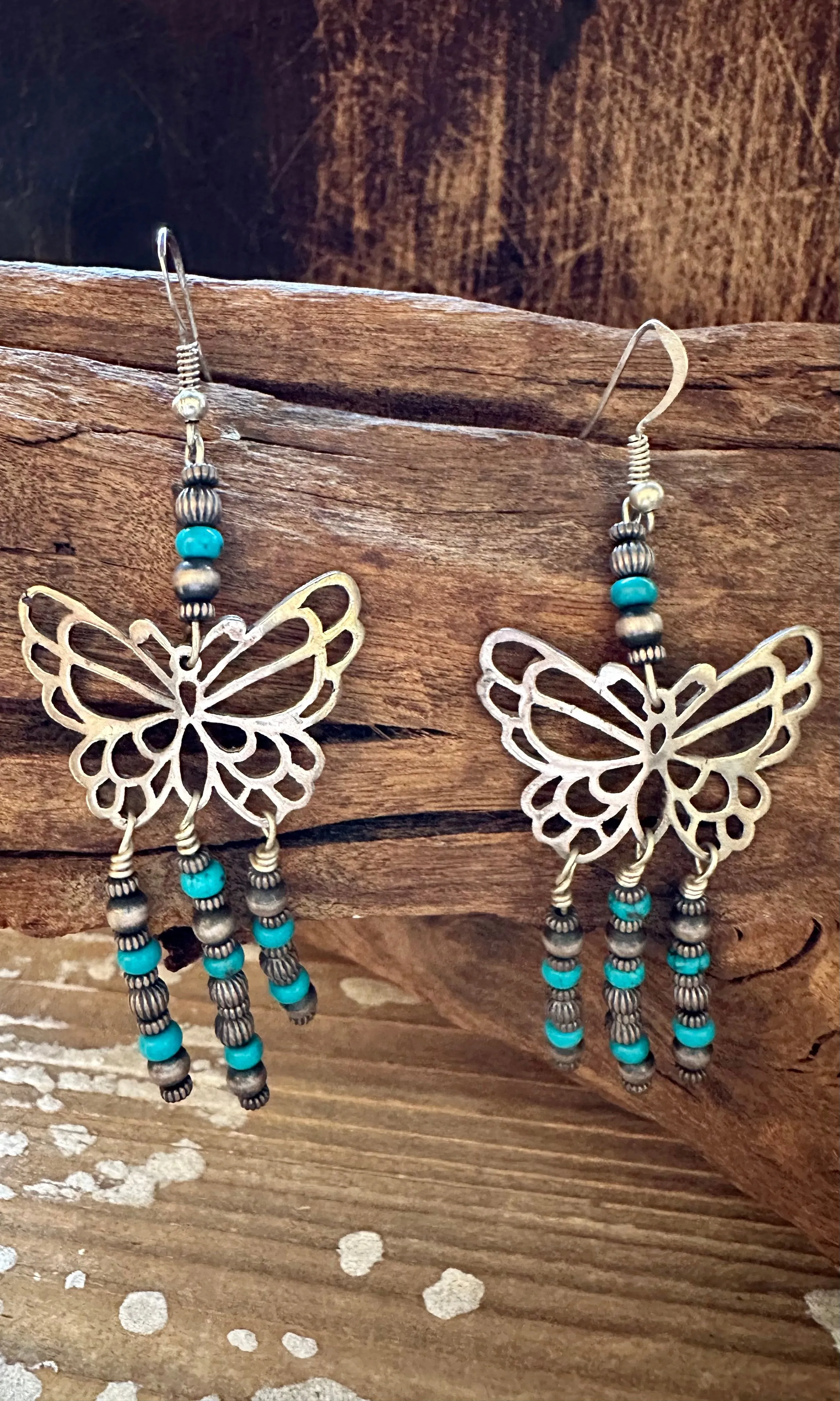 TURQUOISE BEADED BUTTERFLIES Sterling Silver Dangle Earrings