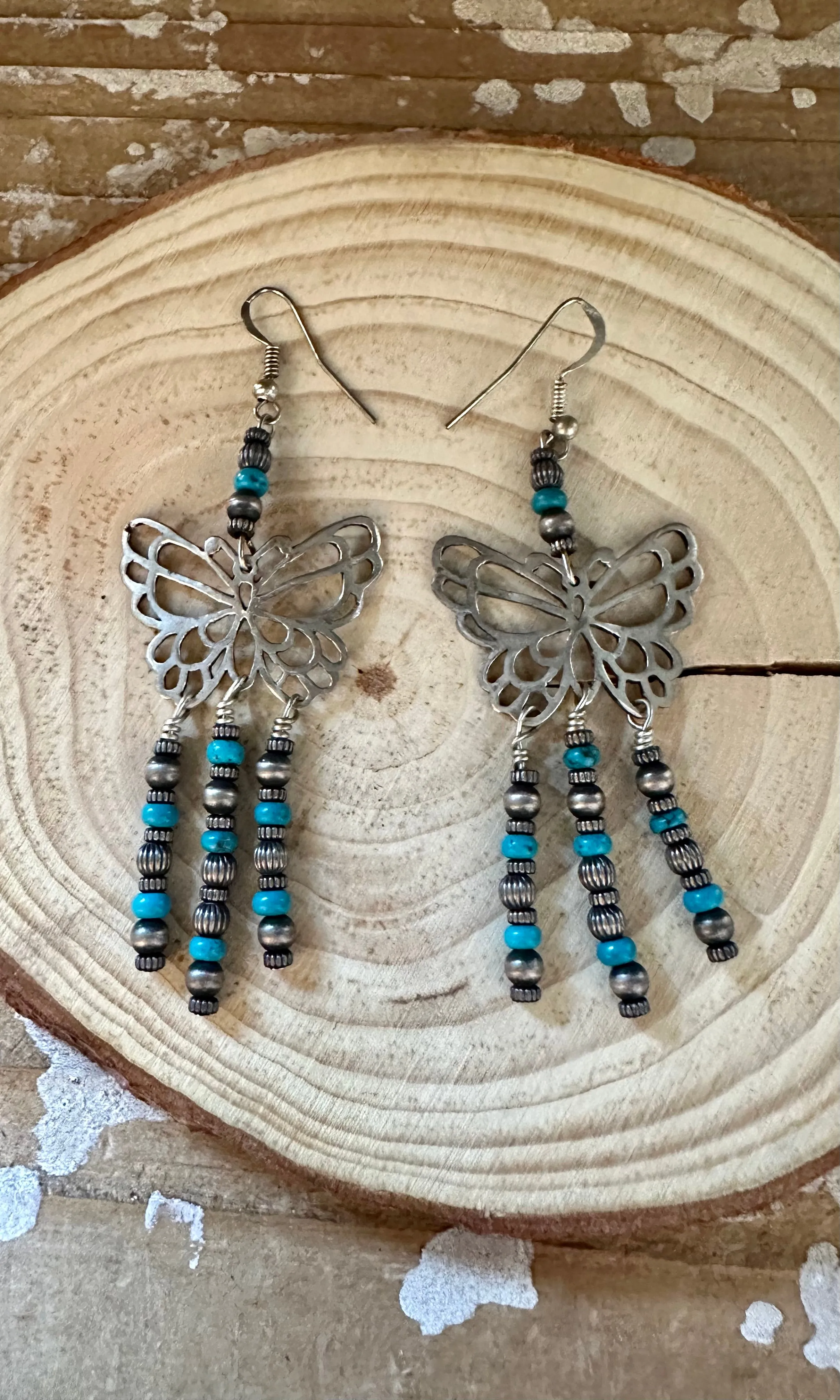 TURQUOISE BEADED BUTTERFLIES Sterling Silver Dangle Earrings