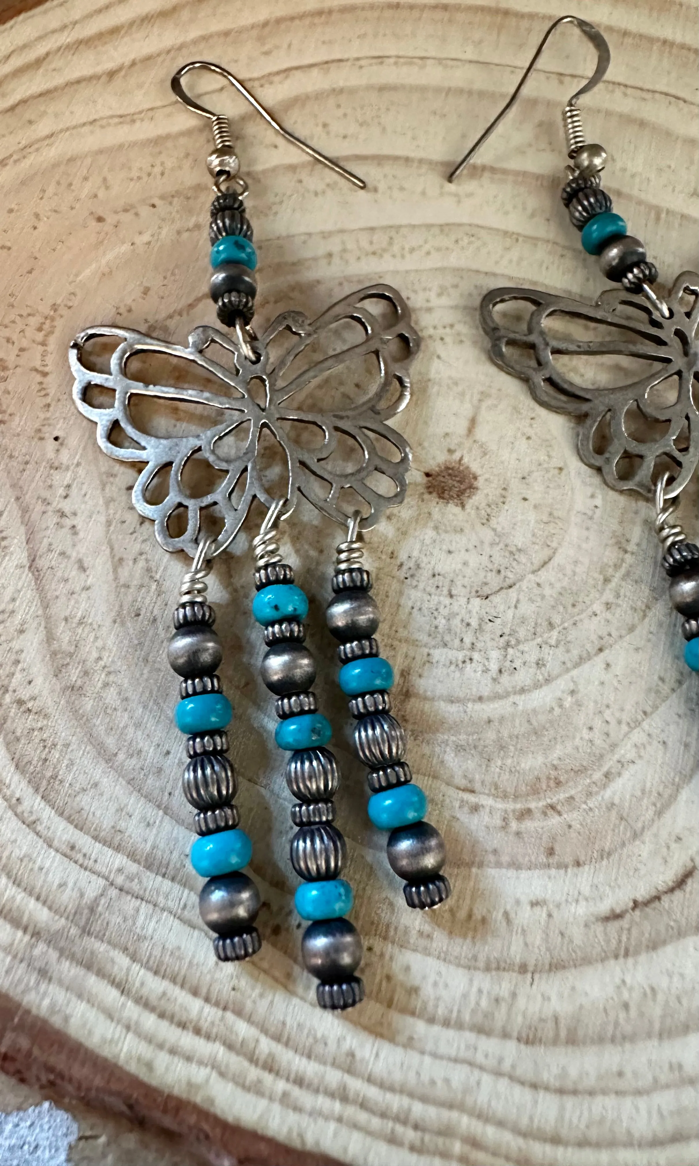 TURQUOISE BEADED BUTTERFLIES Sterling Silver Dangle Earrings