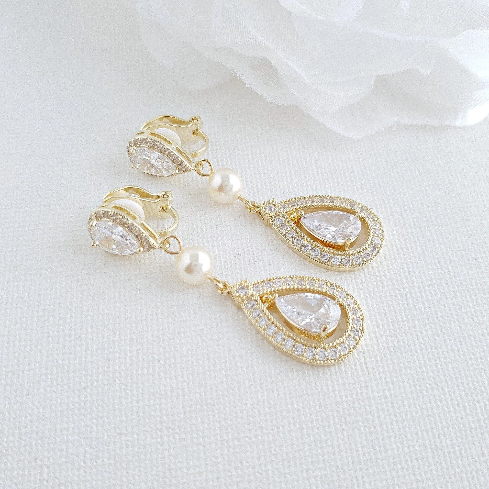 Unpierced Gold Clip On Earrings for Wedding - Sarah