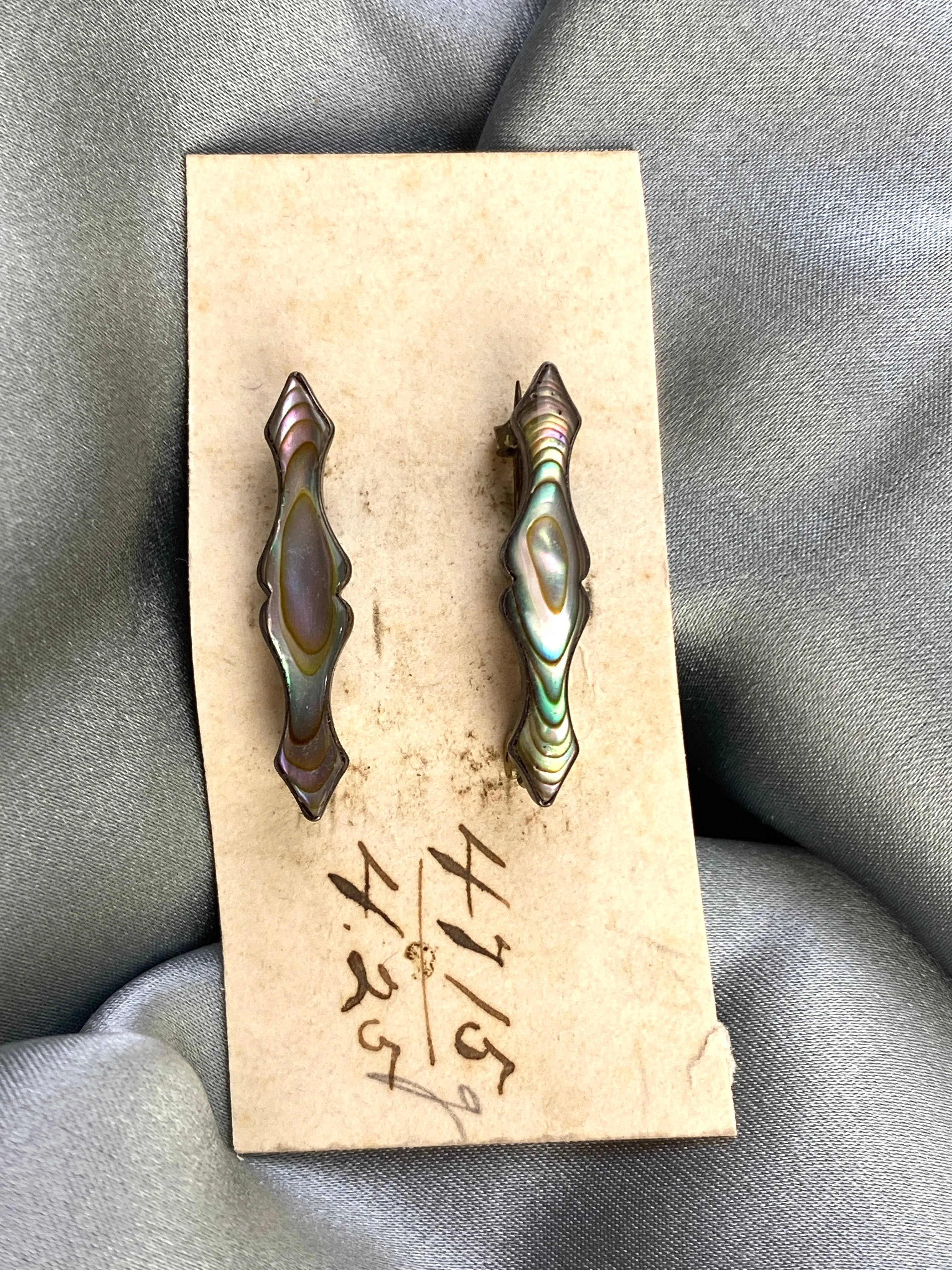 Vintage Art Nouveau Silver Cartouche Abalone Shell Lingerie Pins, NOS