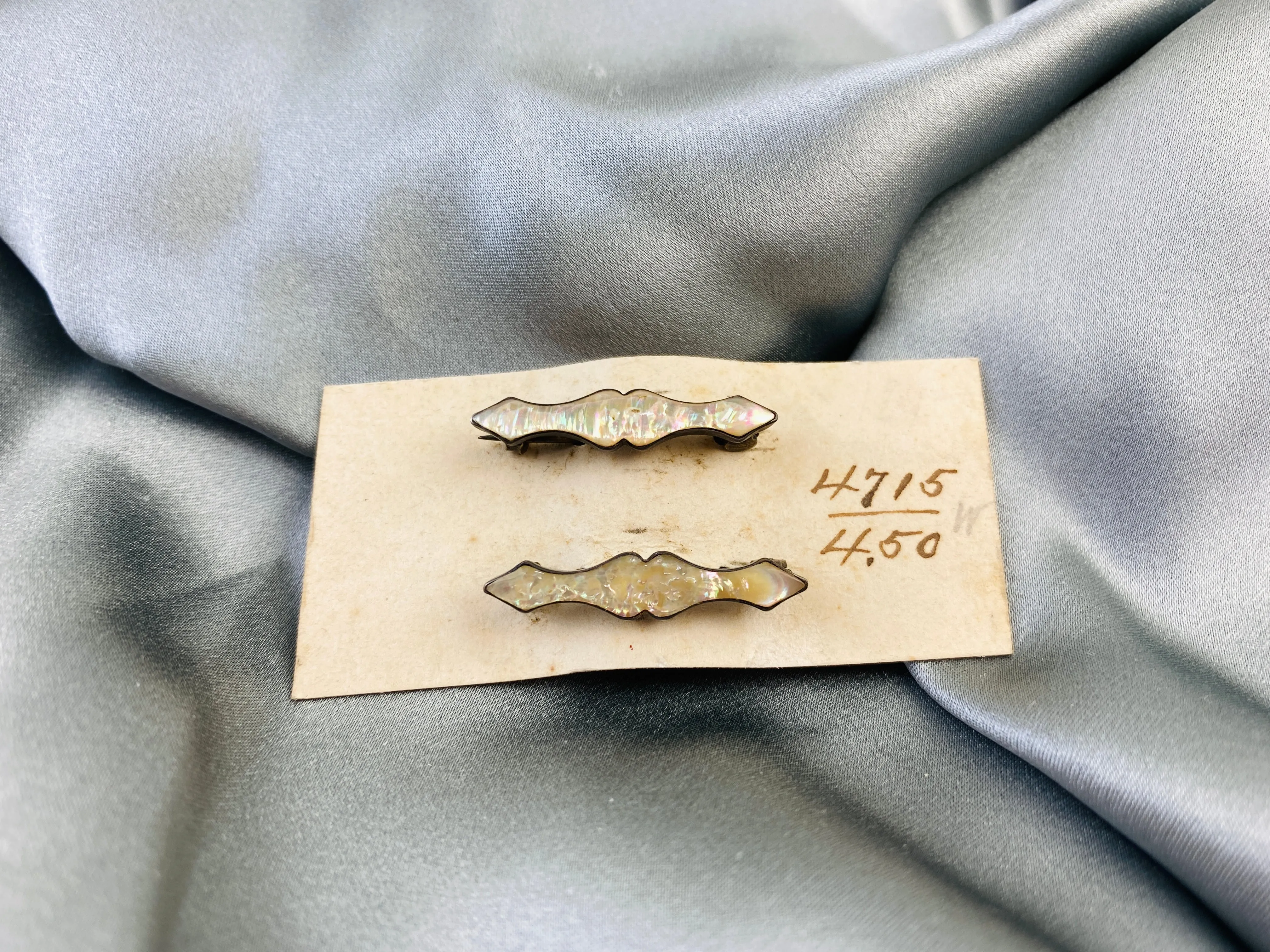 Vintage Art Nouveau Silver Cartouche Abalone Shell Lingerie Pins, NOS