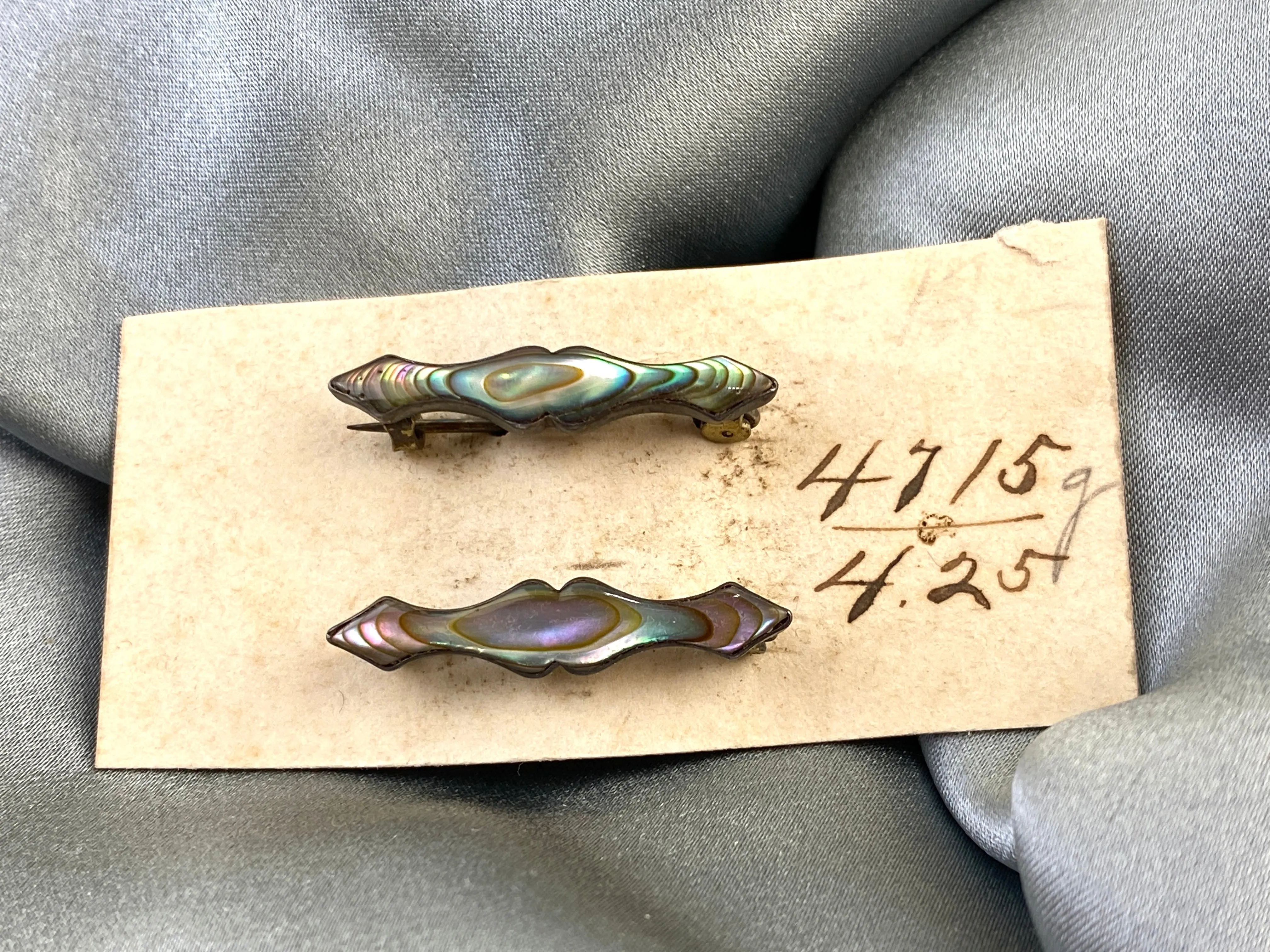 Vintage Art Nouveau Silver Cartouche Abalone Shell Lingerie Pins, NOS