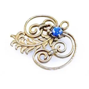 Vintage Brooch Silver Tone Swirl Cobalt Stone 1940S