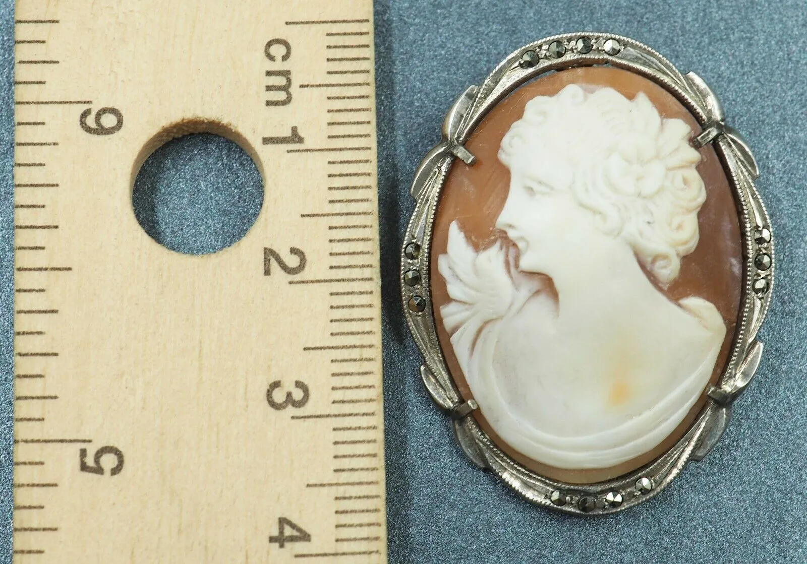 Vintage Sterling Silver Macarsite Shell Cameo Brooch