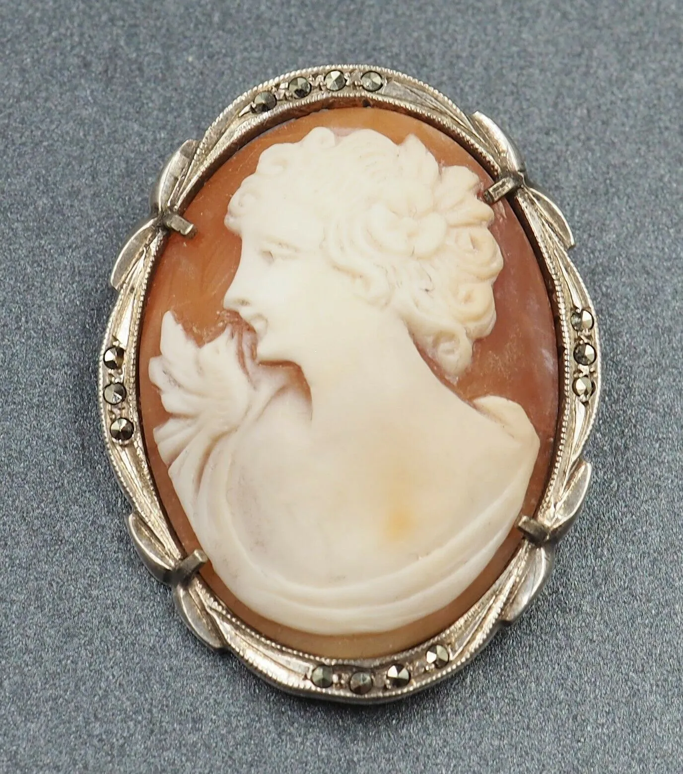 Vintage Sterling Silver Macarsite Shell Cameo Brooch