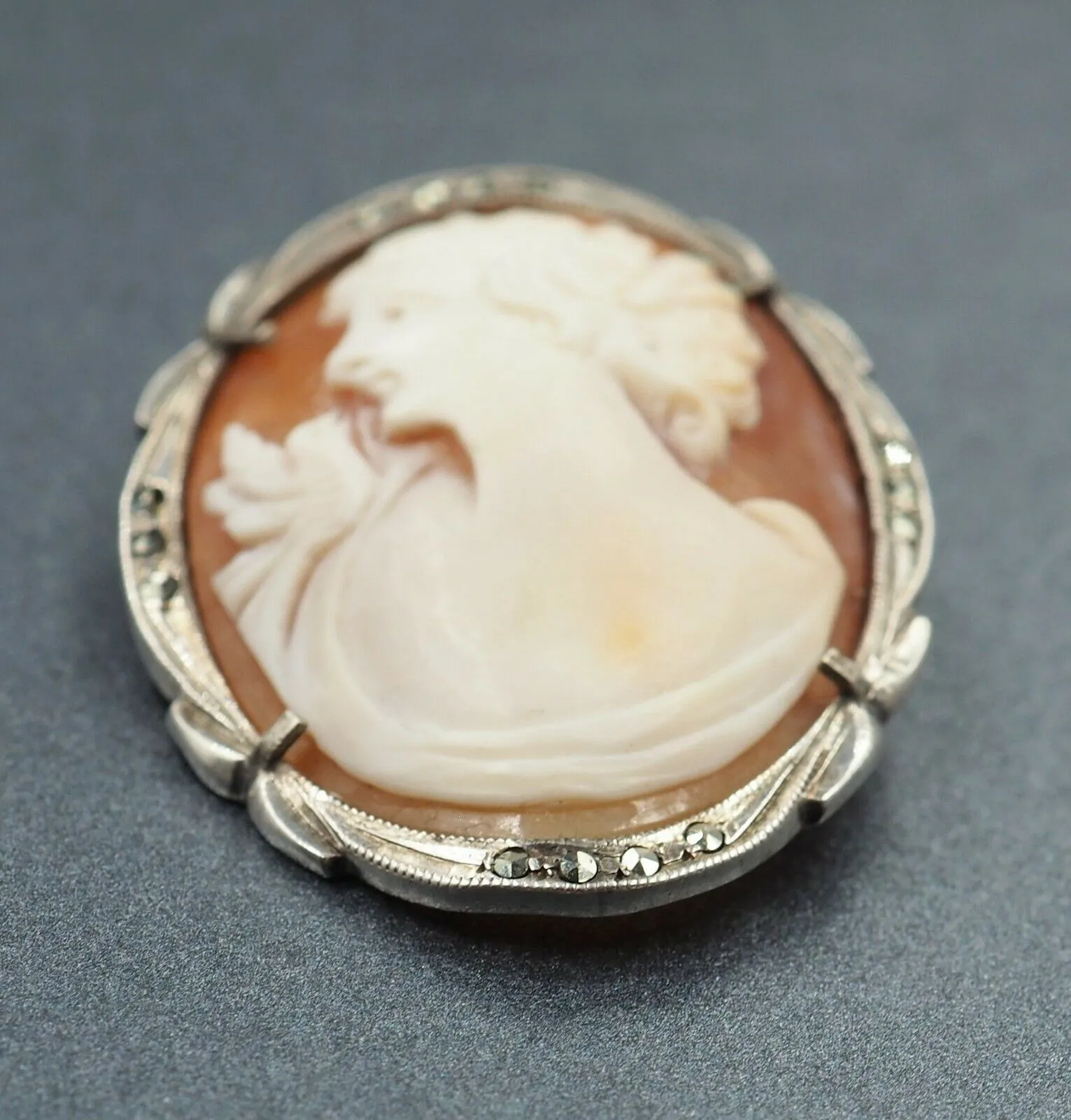 Vintage Sterling Silver Macarsite Shell Cameo Brooch