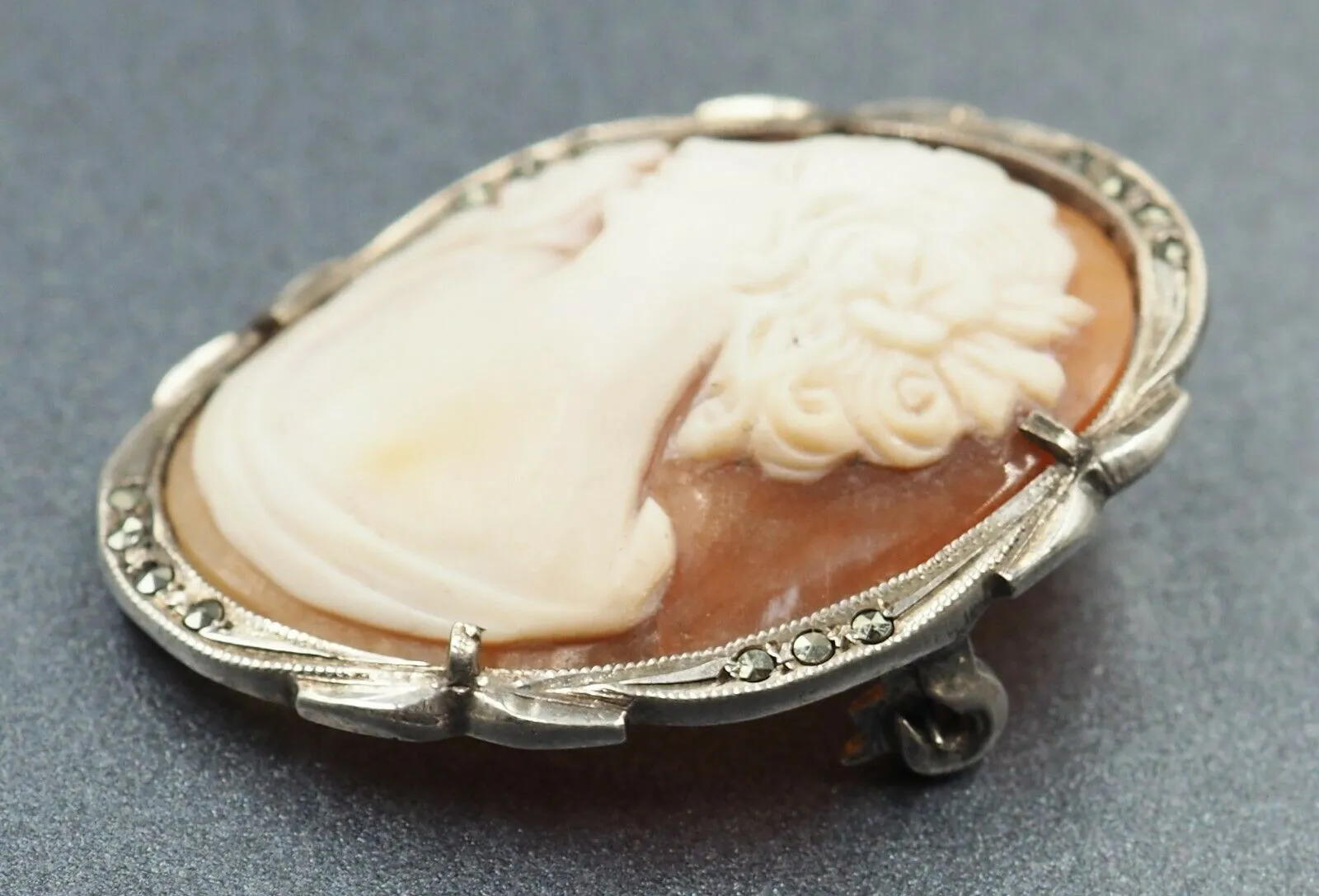 Vintage Sterling Silver Macarsite Shell Cameo Brooch