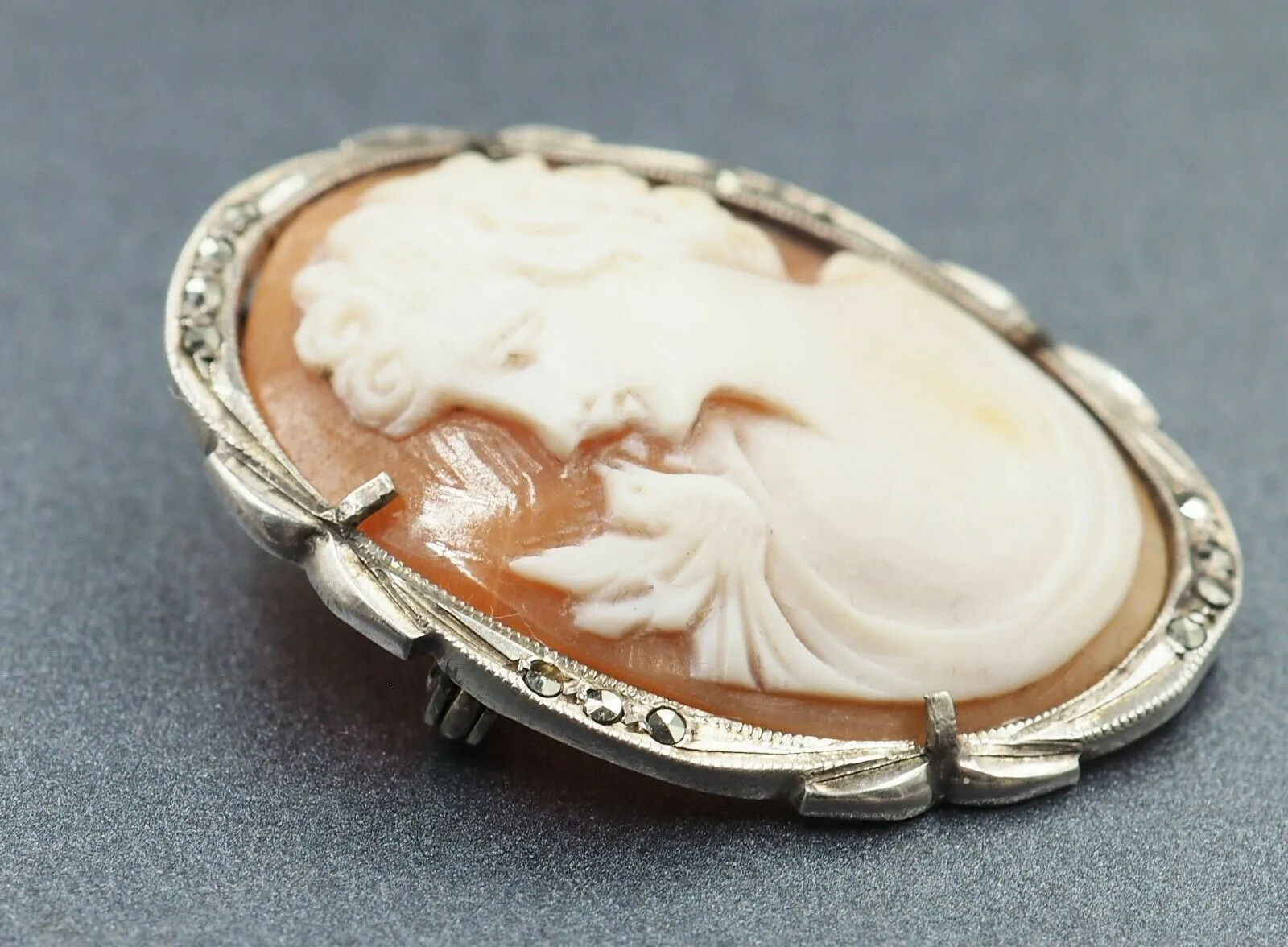 Vintage Sterling Silver Macarsite Shell Cameo Brooch