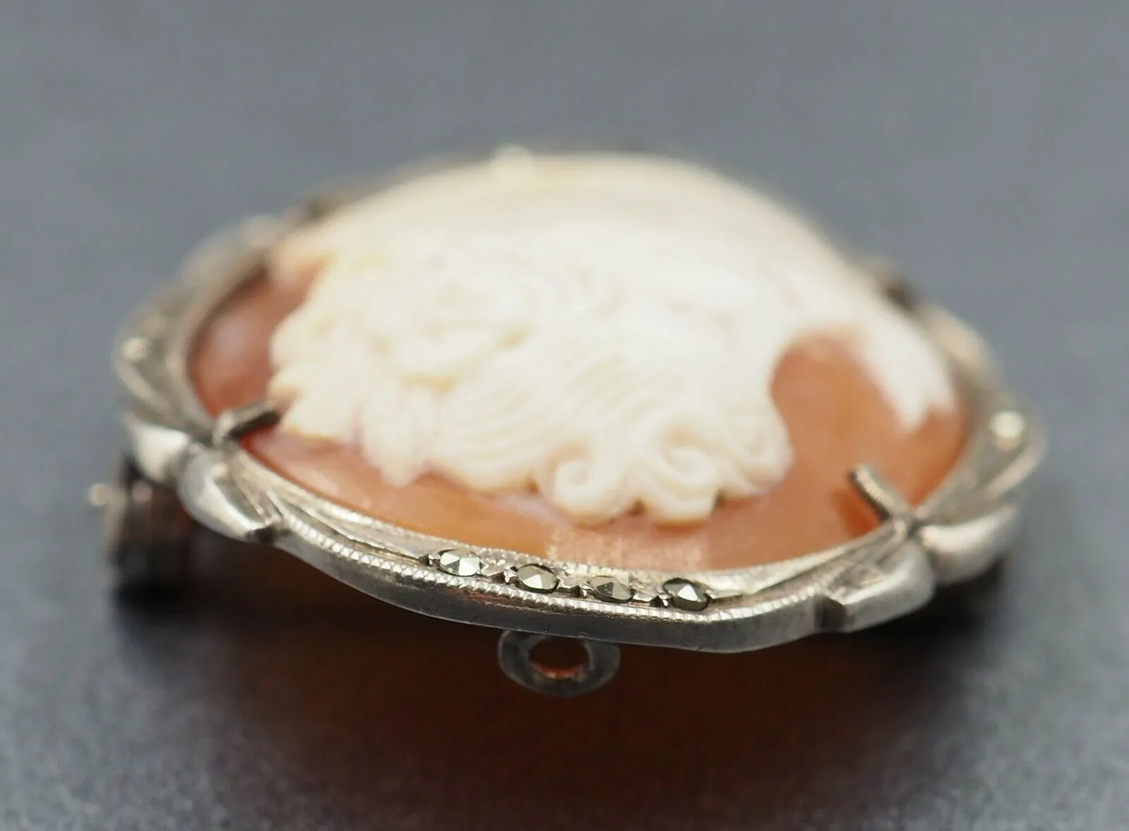 Vintage Sterling Silver Macarsite Shell Cameo Brooch