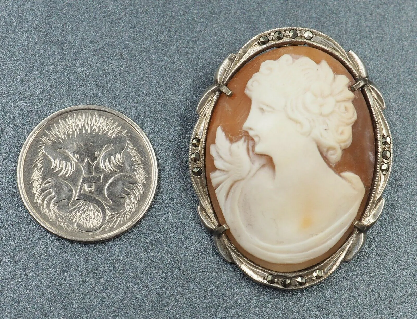 Vintage Sterling Silver Macarsite Shell Cameo Brooch