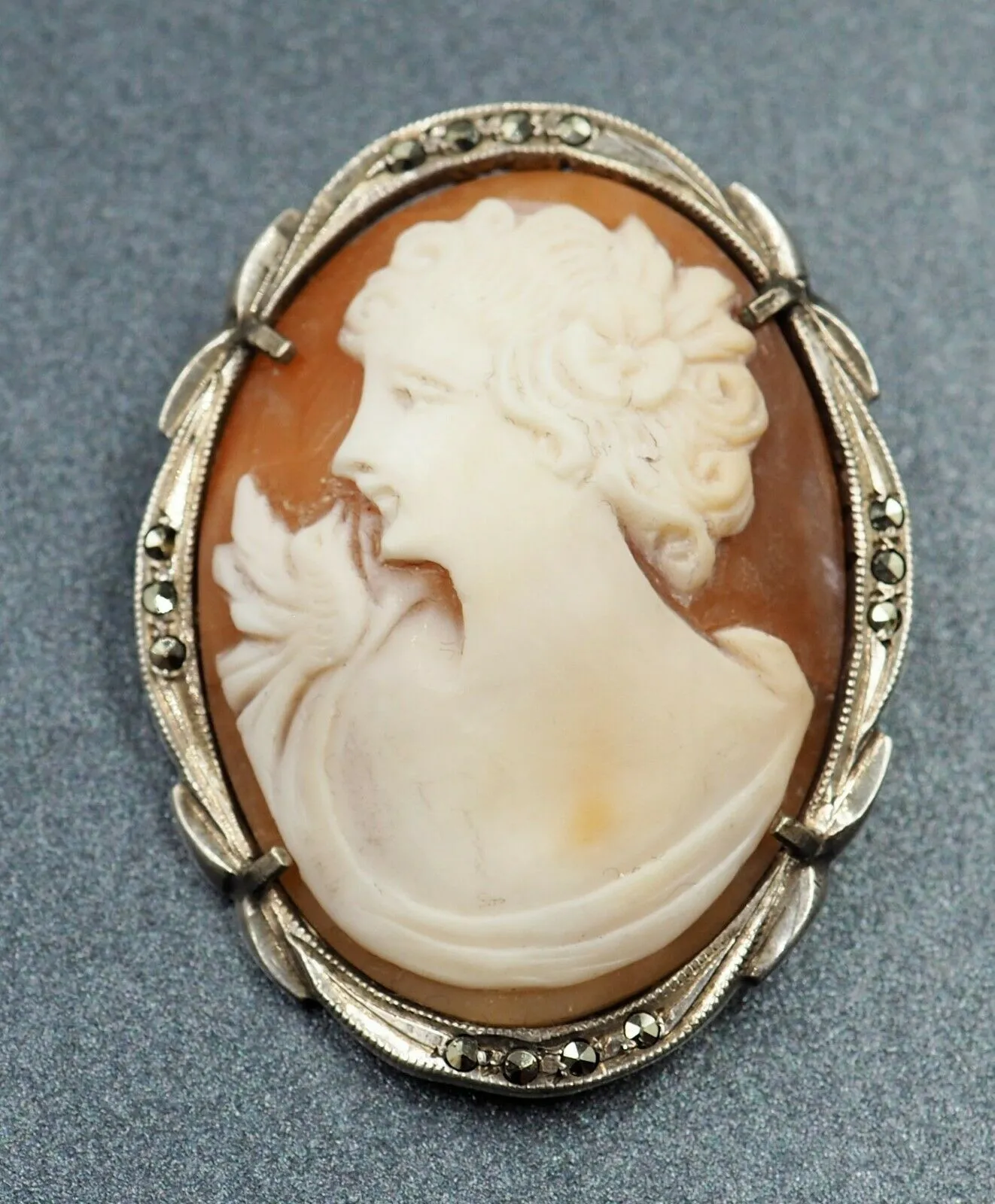 Vintage Sterling Silver Macarsite Shell Cameo Brooch