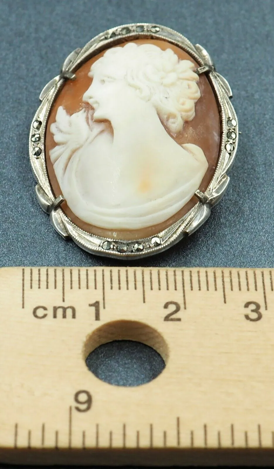 Vintage Sterling Silver Macarsite Shell Cameo Brooch