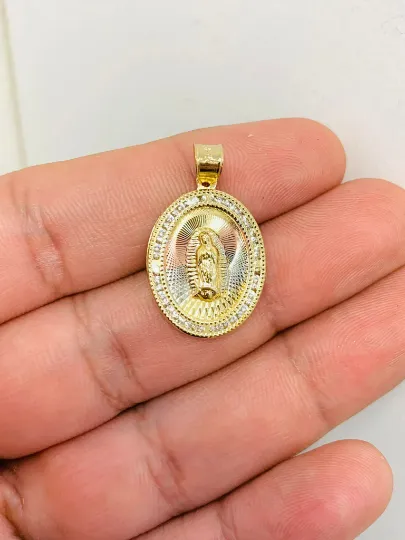 Virgen de Guadalupe Pendant With Stones Around and Diamond Cut Tri-Color Beautifully Made Looks Like Real Gold 24x18mm Medalla de Guadalupe