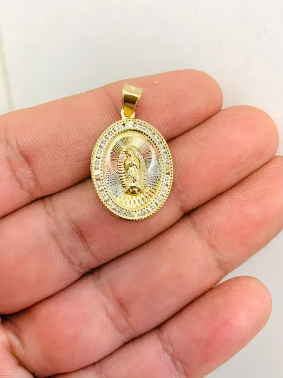 Virgen de Guadalupe Pendant With Stones Around and Diamond Cut Tri-Color Beautifully Made Looks Like Real Gold 24x18mm Medalla de Guadalupe