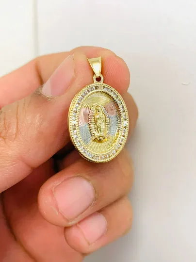 Virgen de Guadalupe Pendant With Stones Around and Diamond Cut Tri-Color Beautifully Made Looks Like Real Gold 24x18mm Medalla de Guadalupe