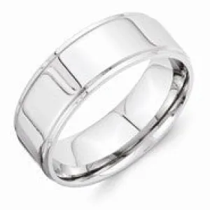 Vitalium Polished 8mm Ridged Edge Flat Wedding Band Ring